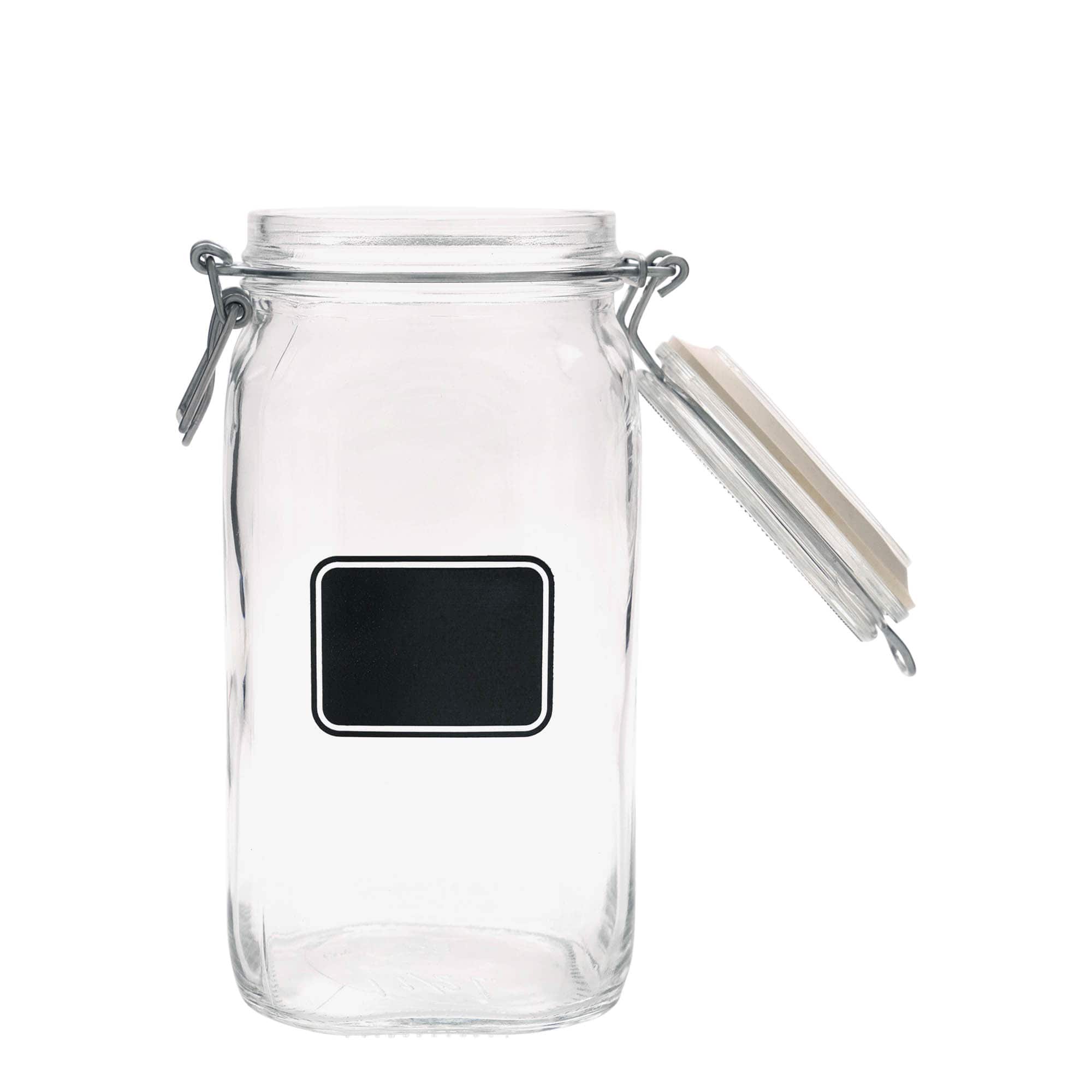 1.500 ml patentlukket glas »Fido«, motiv: etikettefelt, kvadratisk, åbning: patentlukning