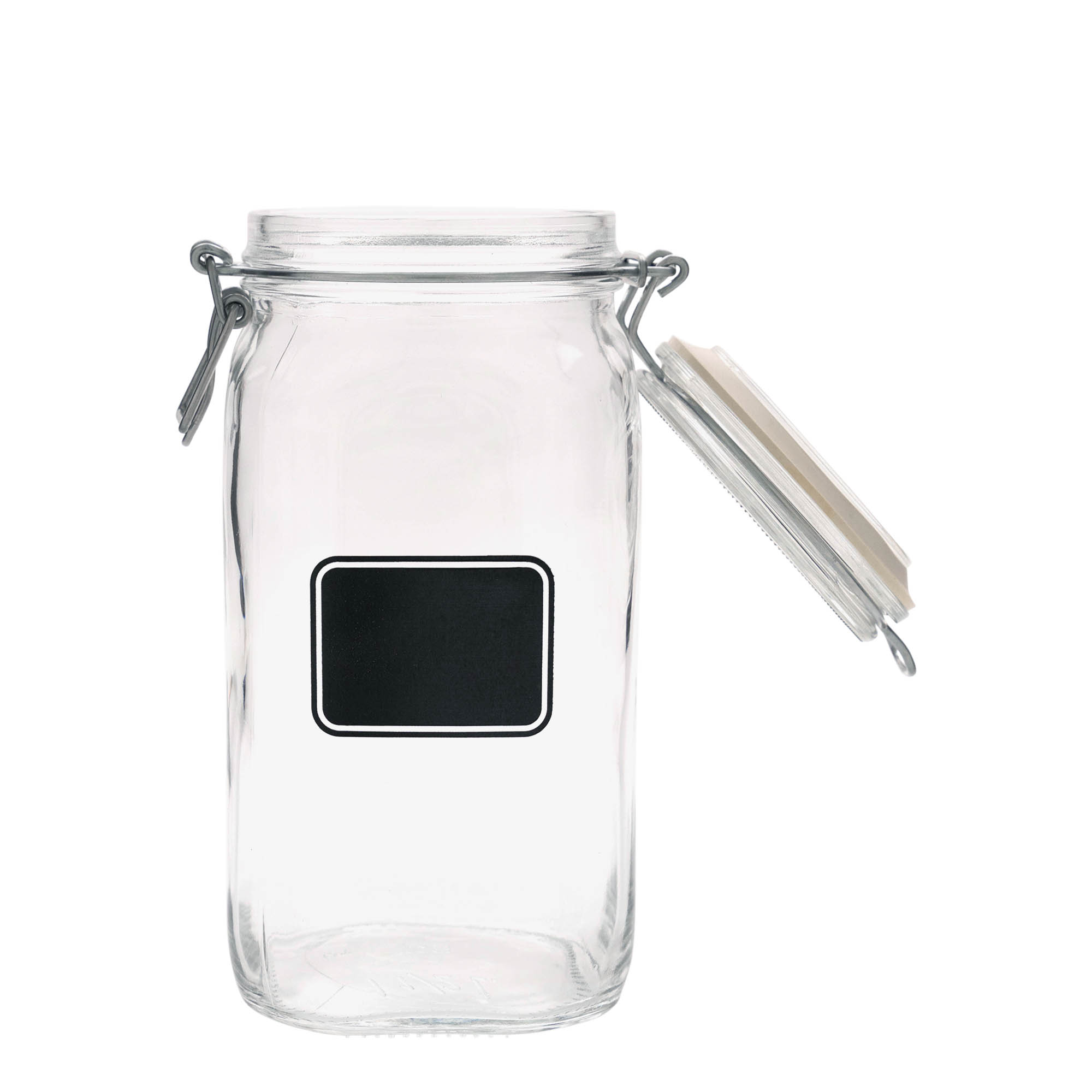 1.500 ml patentlukket glas »Fido«, motiv: etikettefelt, kvadratisk, åbning: patentlukning