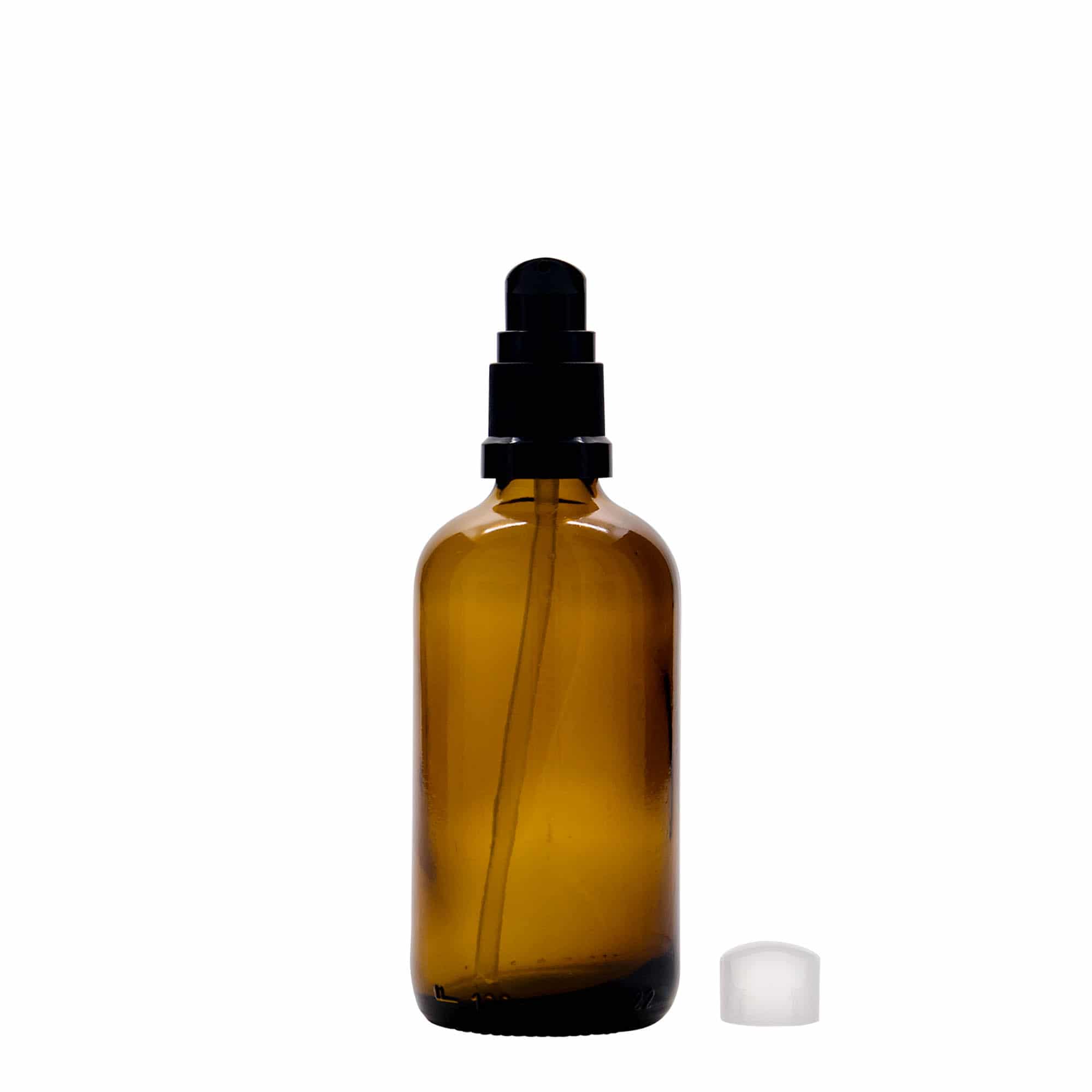 100 ml medicinflaske med lotionpumpe, glas, brun, åbning: DIN 18
