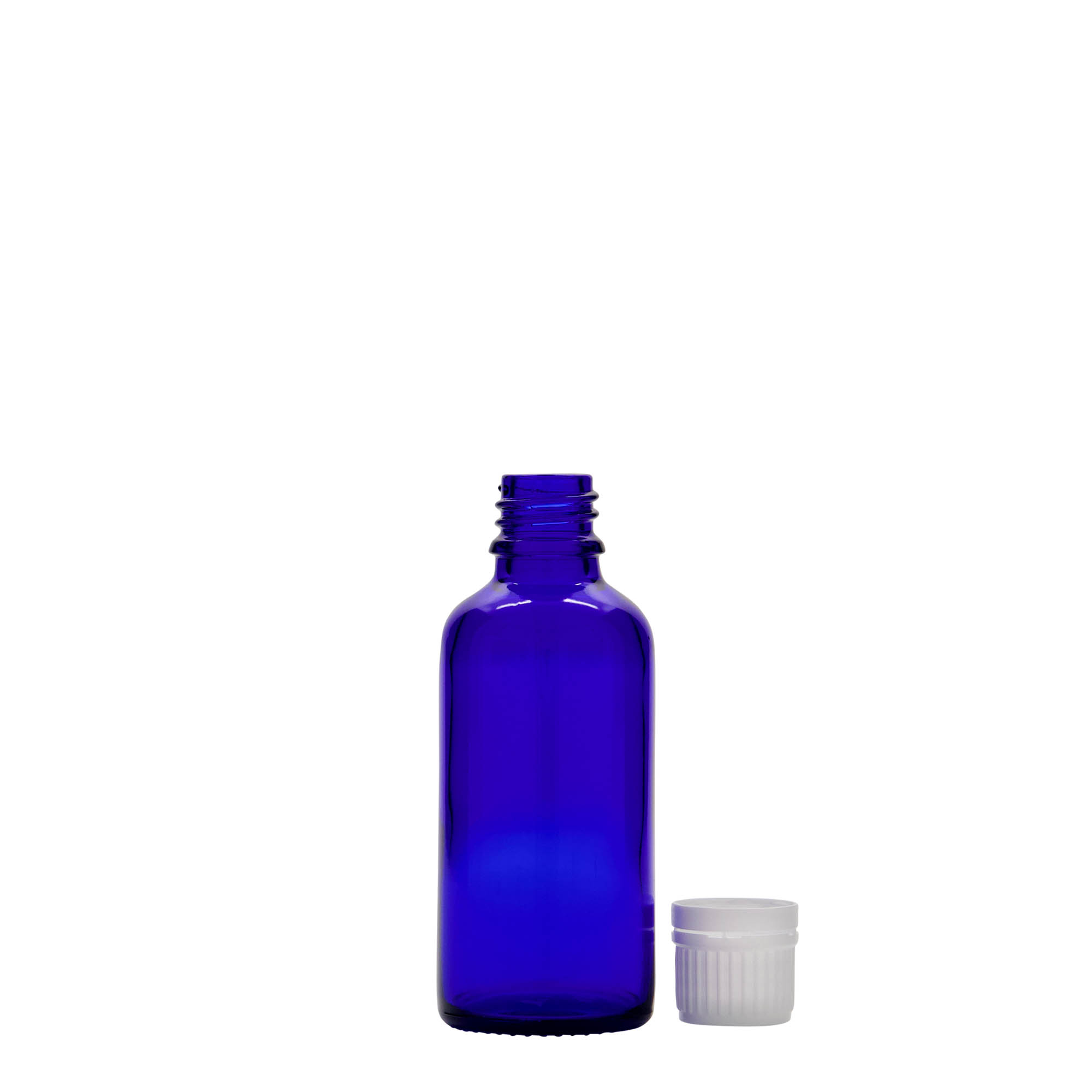 50 ml medicinflaske, glas, kongeblå, åbning: DIN 18 50 ml medicinflaske, glas, kongeblå, åbning: DIN 18