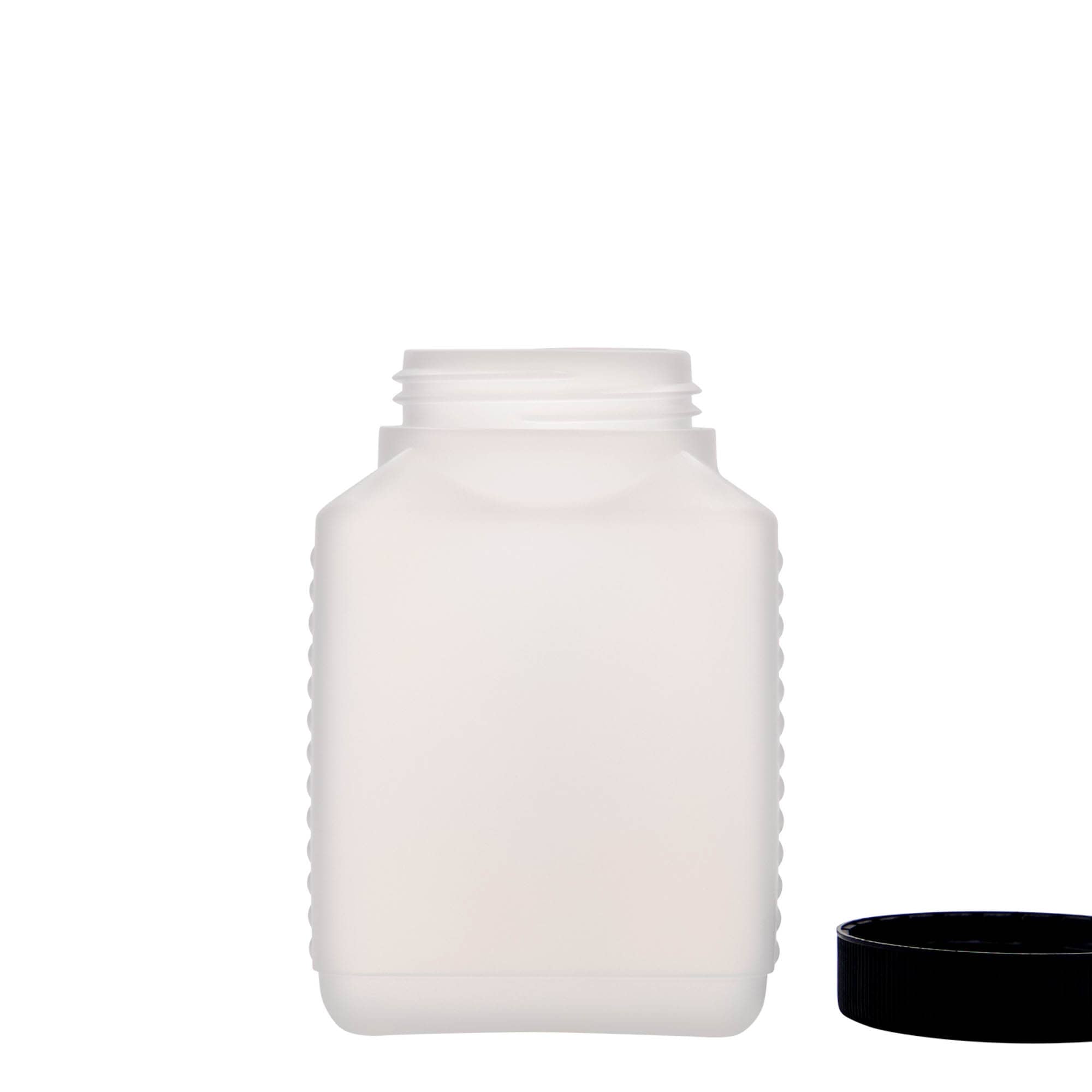 500 ml bredhalsflaske, rektangulær, HDPE-plast, natur, åbning: DIN 60 EPE