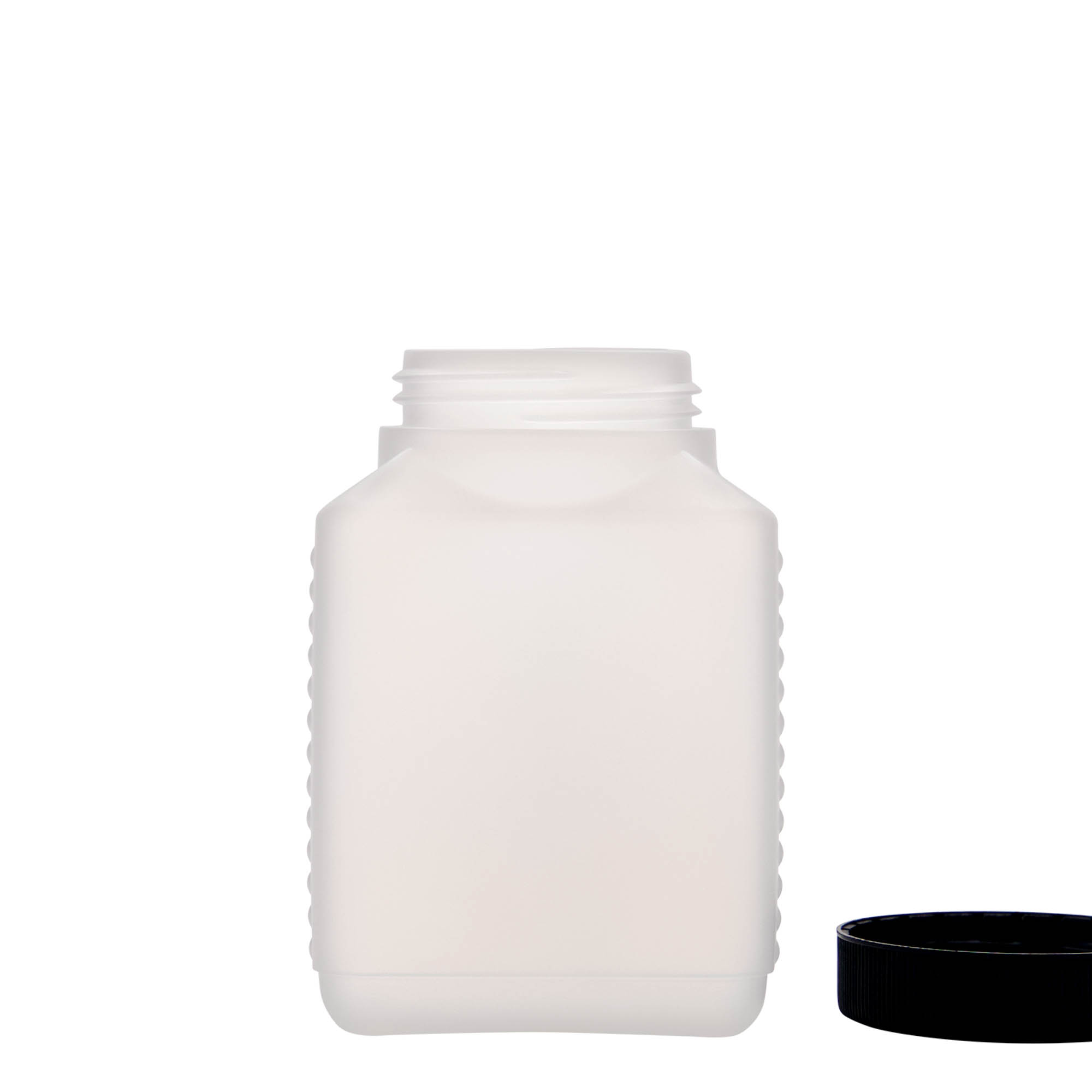 500 ml bredhalsflaske, rektangulær, HDPE-plast, natur, åbning: DIN 60 EPE