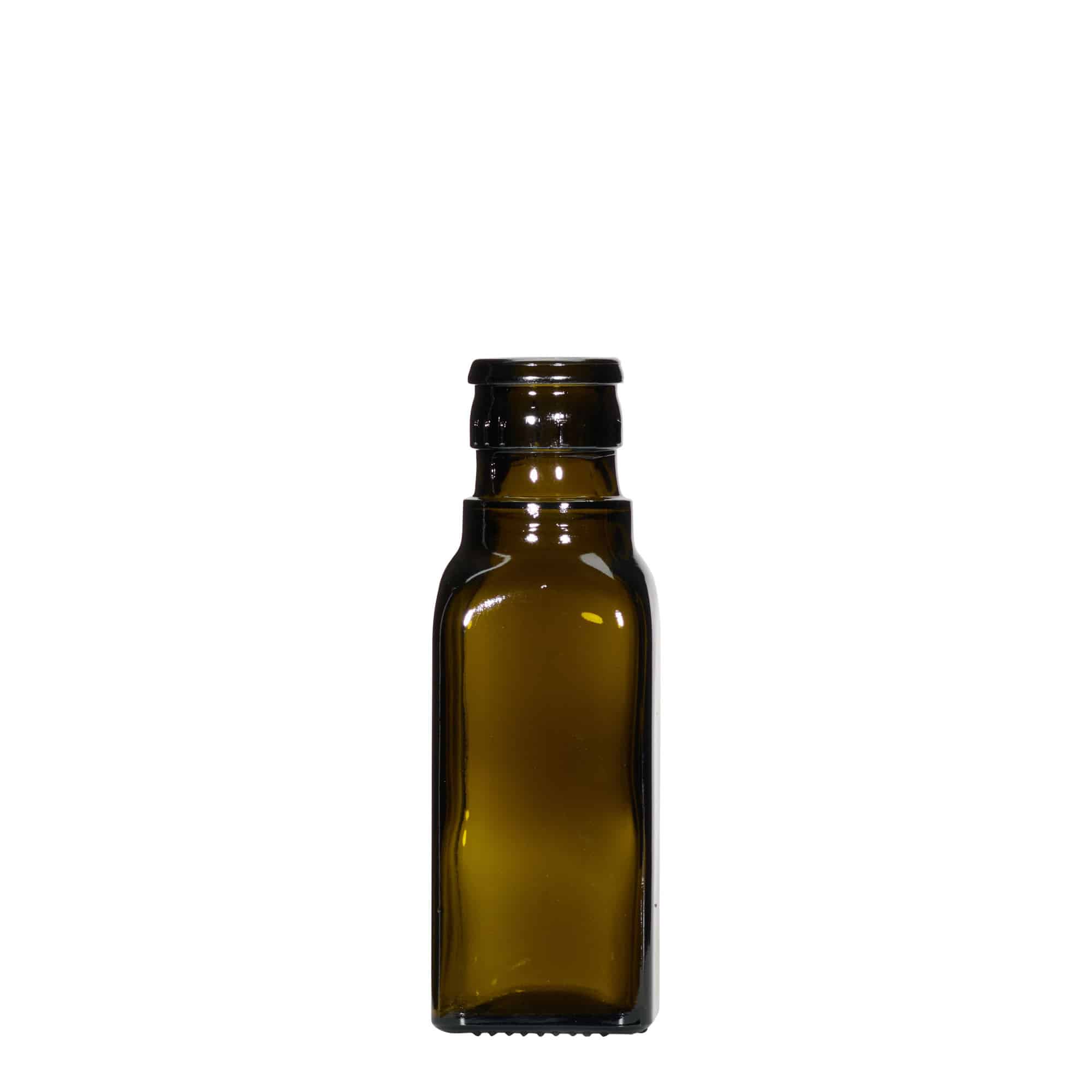 100 ml eddike-/olieflaske 'Quadra', glas, firkantet, antikgrøn, munding: DOP