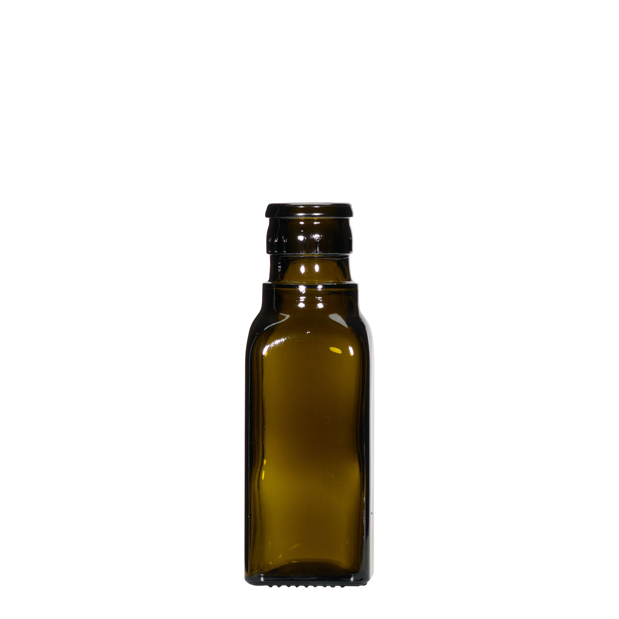 100 ml eddike-/olieflaske »Quadra«, glas, firkantet, antikgrøn, munding: DOP
