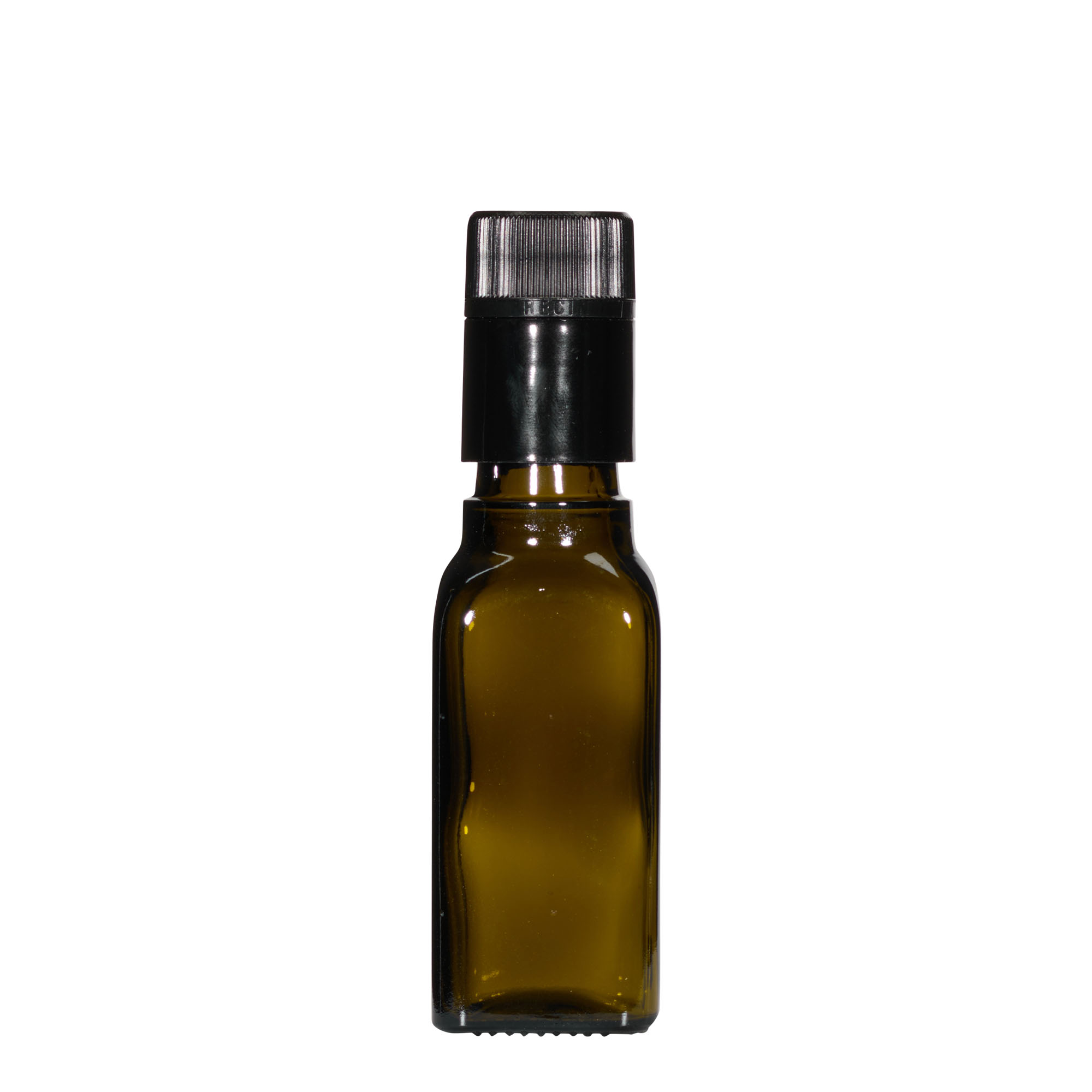 100 ml eddike-/olieflaske »Quadra«, glas, firkantet, antikgrøn, munding: DOP