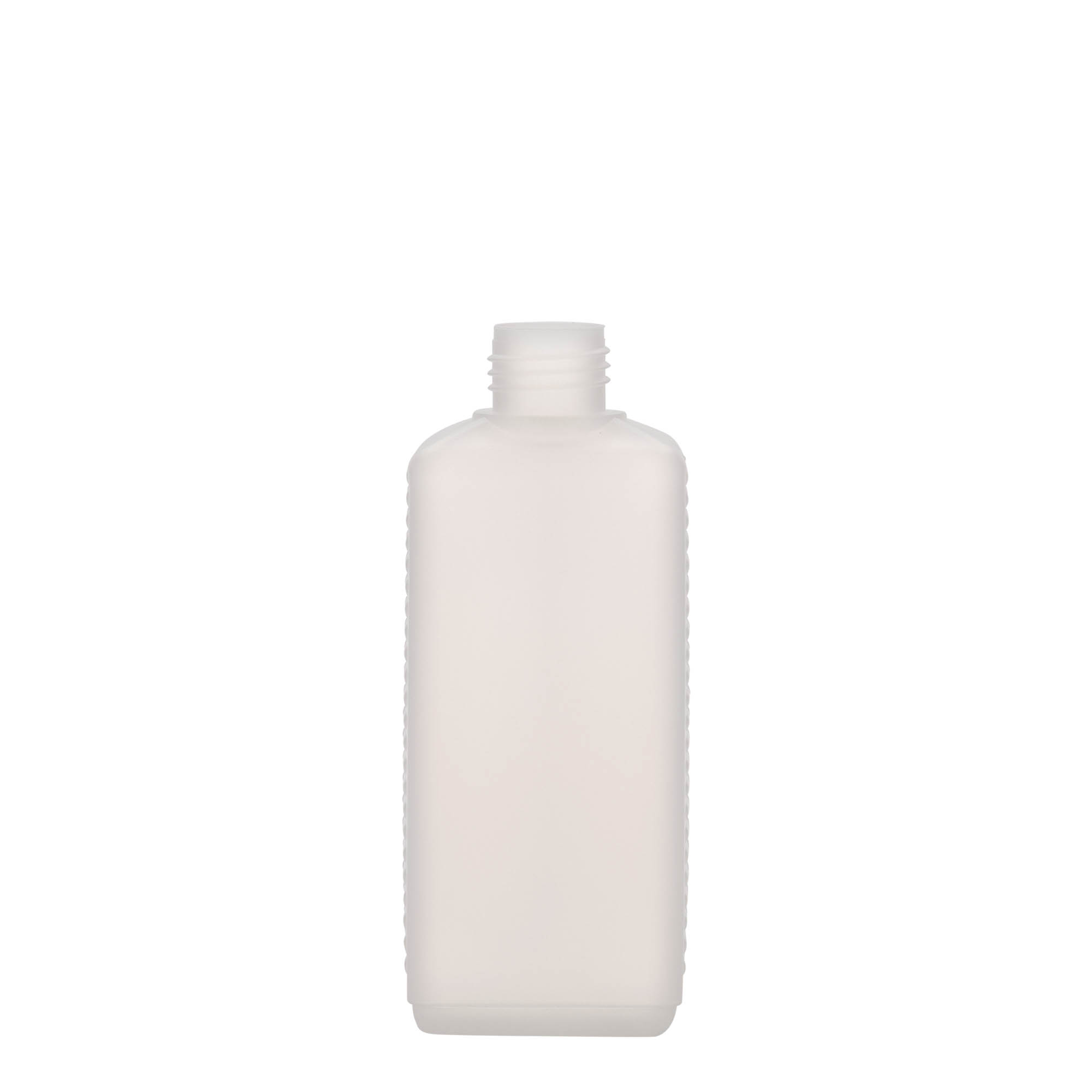 250 ml kande-flaske, rektangulær, HDPE-plast, natur, åbning: DIN 25 EPE