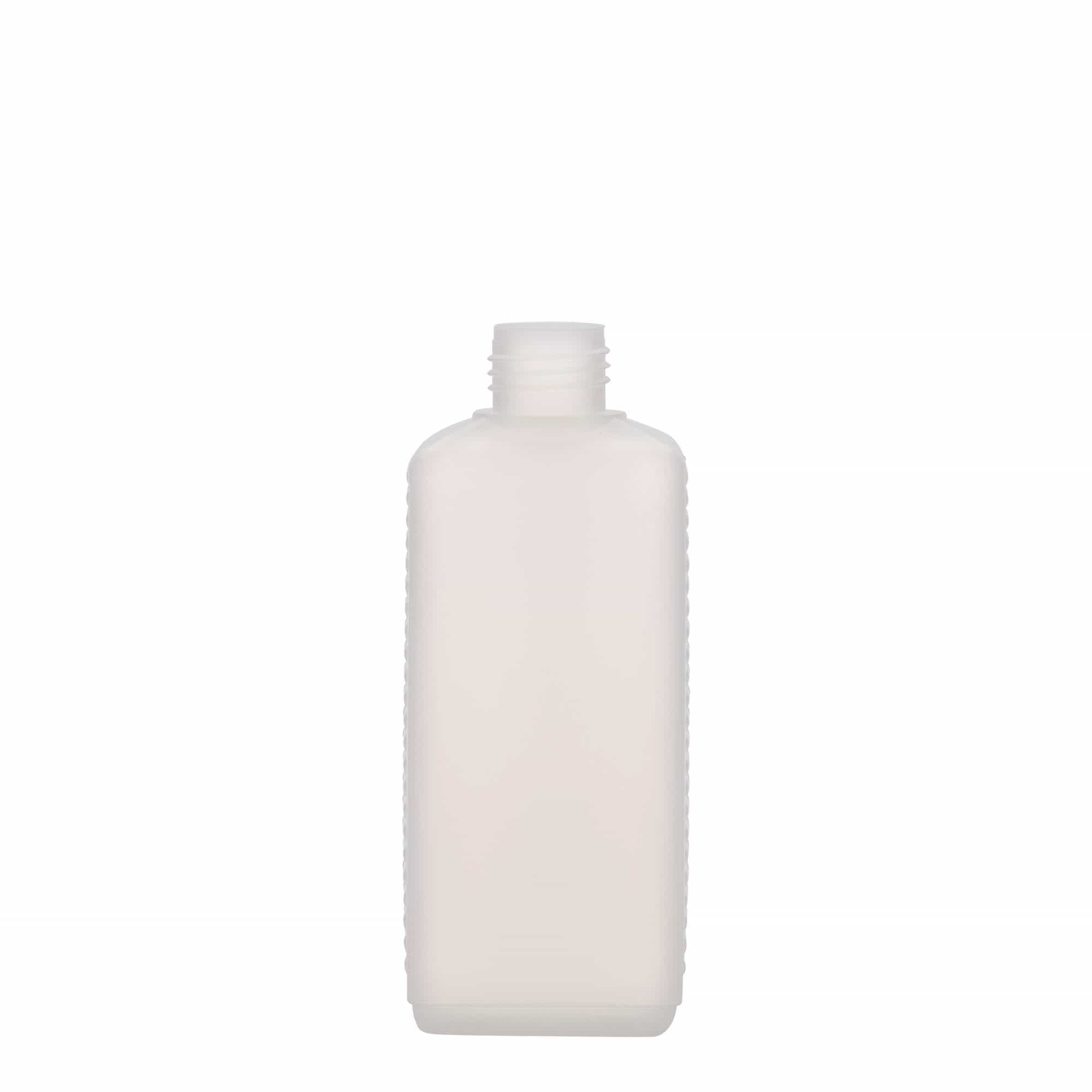 250 ml kande-flaske, rektangulær, HDPE-plast, natur, åbning: DIN 25 EPE