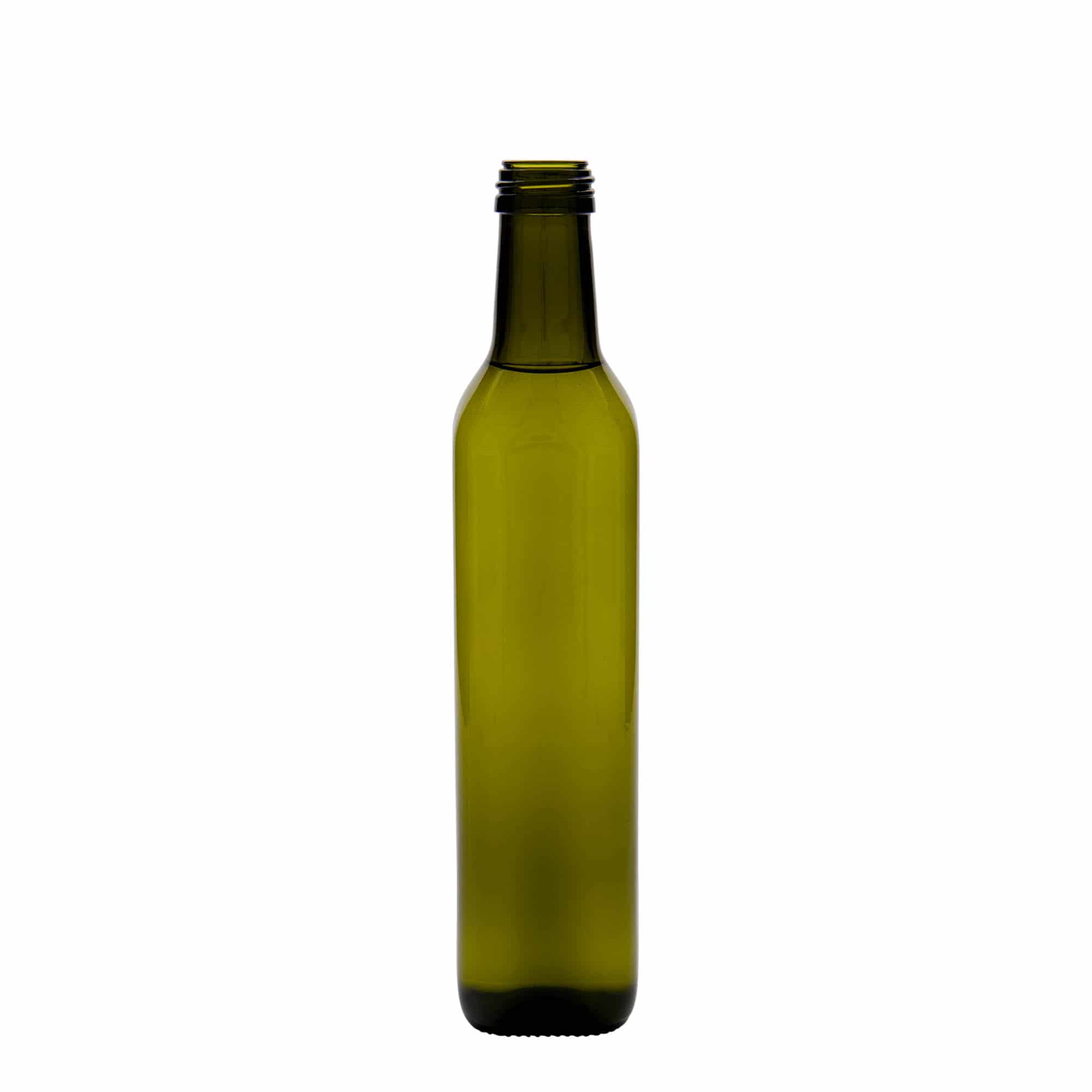 500 ml glasflaske 'Marasca', kvadratisk, antikgrøn, åbning: PP 31,5