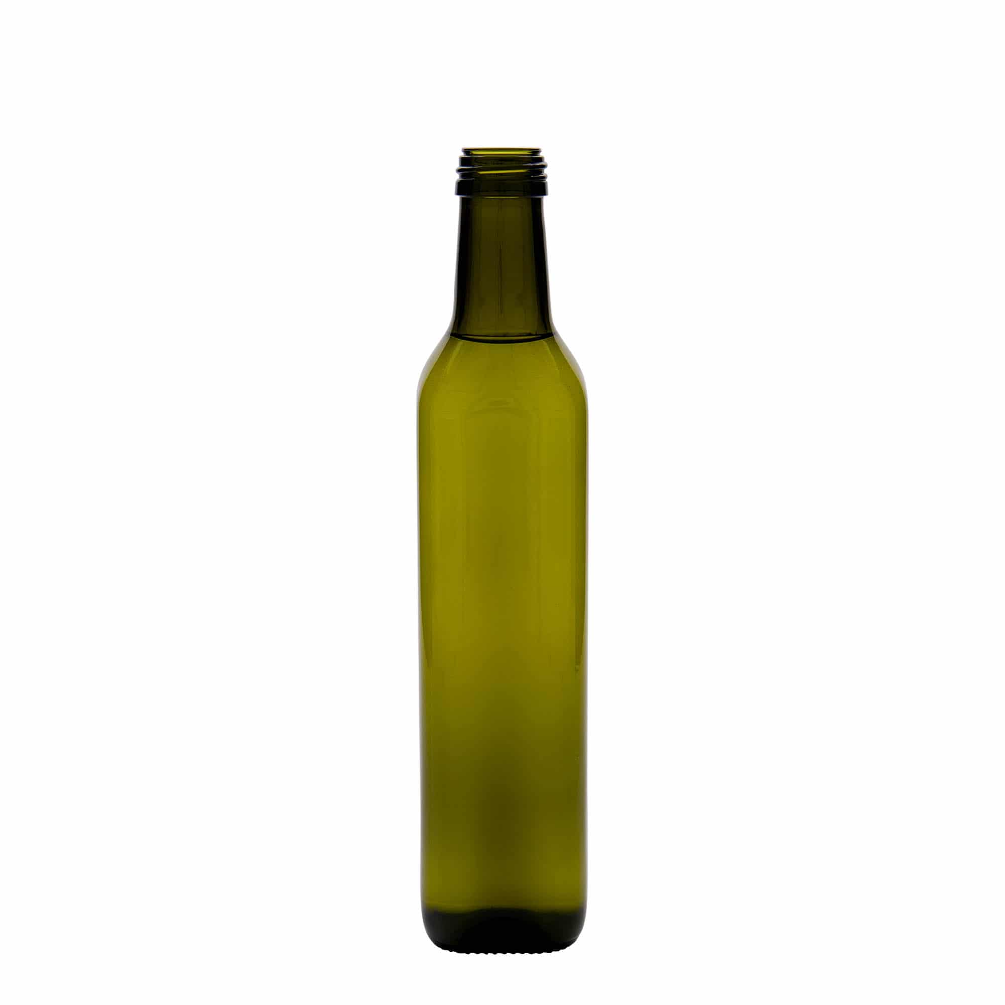 500 ml glasflaske 'Marasca', firkantet, antikgrøn, åbning: PP 31,5