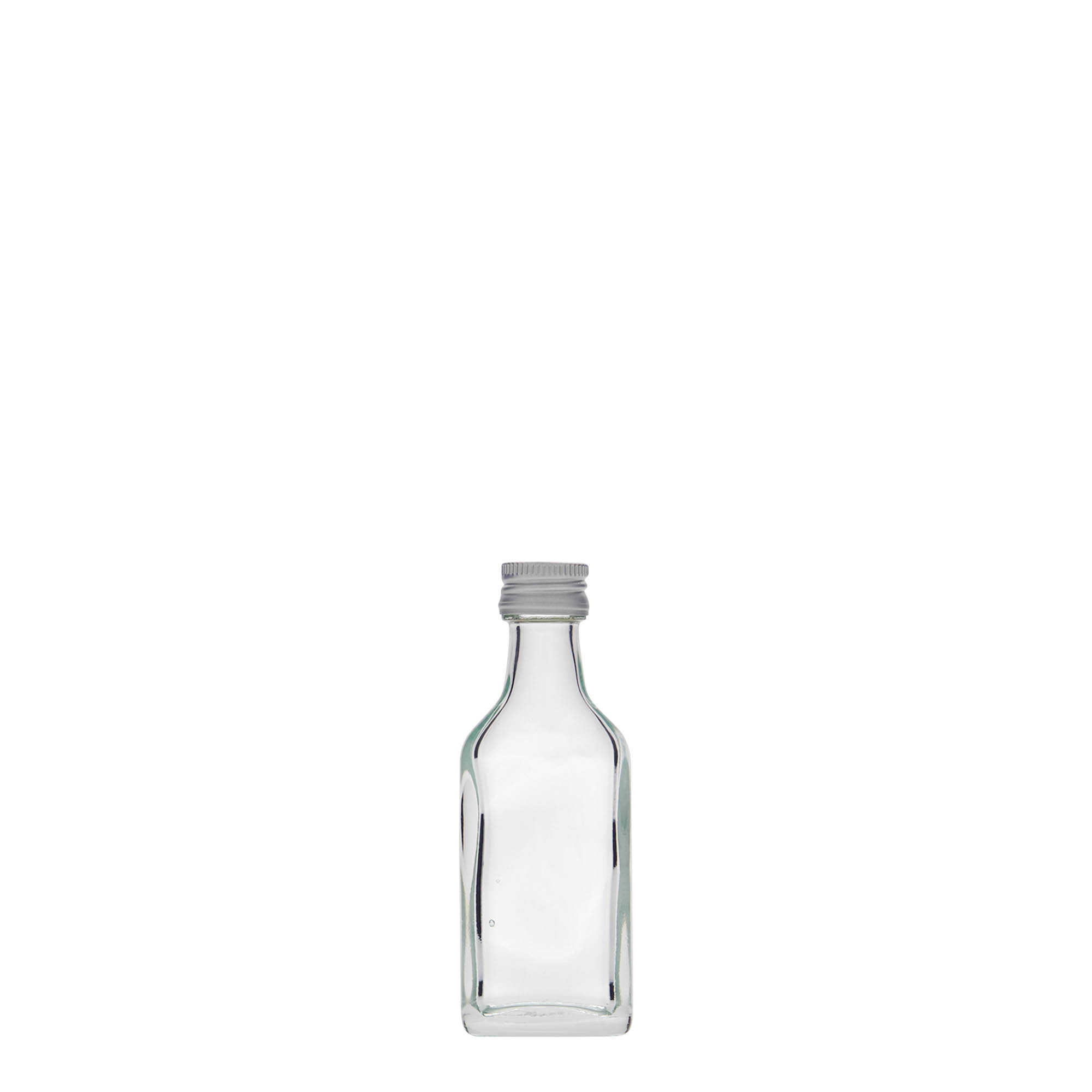 20 ml lommeflaske, rektangulær, glas, åbning: PP 18 20 ml lommeflaske, rektangulær, glas, åbning: PP 18