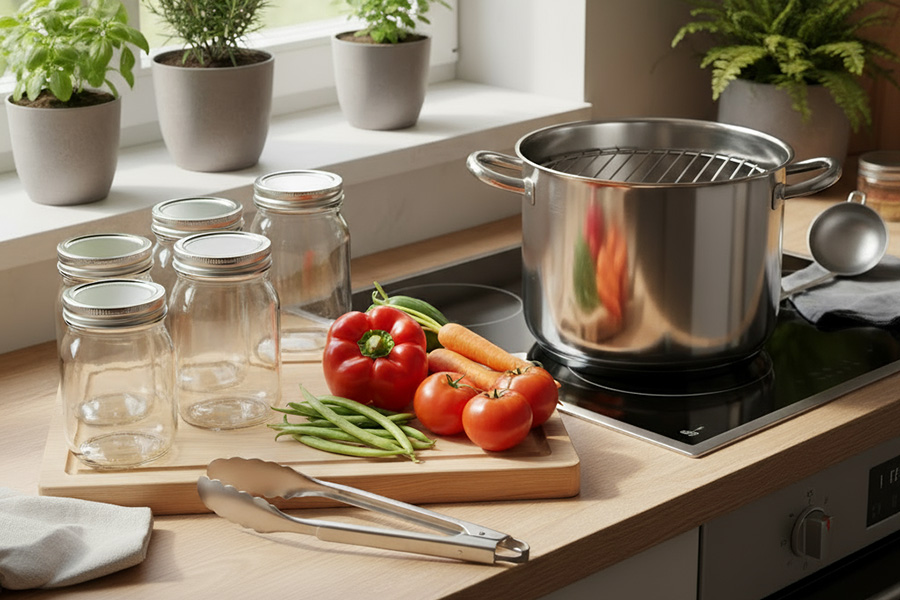 Person holder en krukke med syltede grøntsager i venstre hånd og peger på indholdet med højre pegefinger