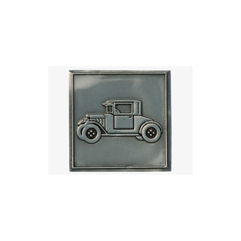 Tinmærke 'Oldtimer', kvadratisk, metal, sølv
