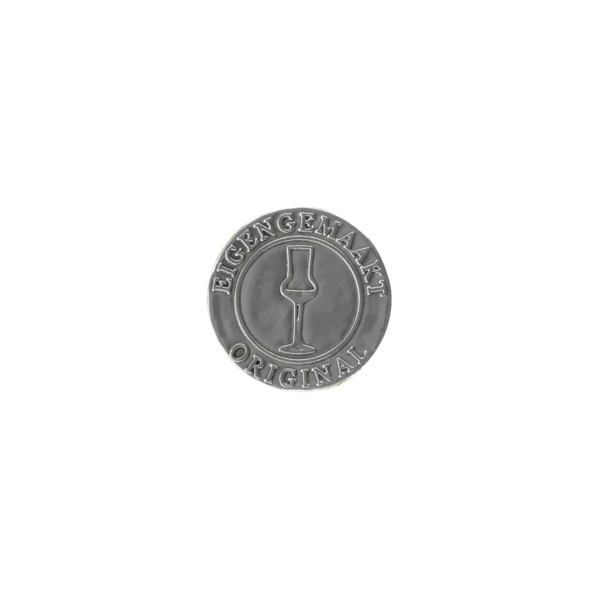 Tinetiket 'Eigengemaakt', rund, metal, sølv Tinetiket 'Eigengemaakt', rund, metal, sølv