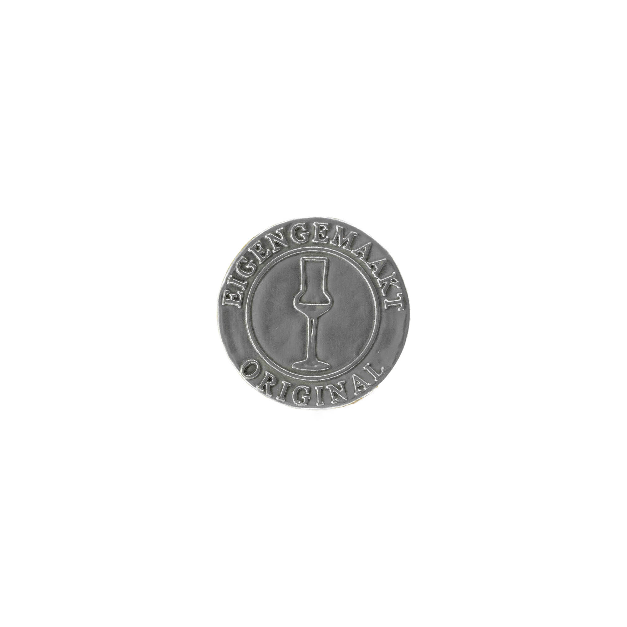 Tinlabel 'Eigengemaakt', rund, metal, sølv Tinlabel 'Eigengemaakt', rund, metal, sølv