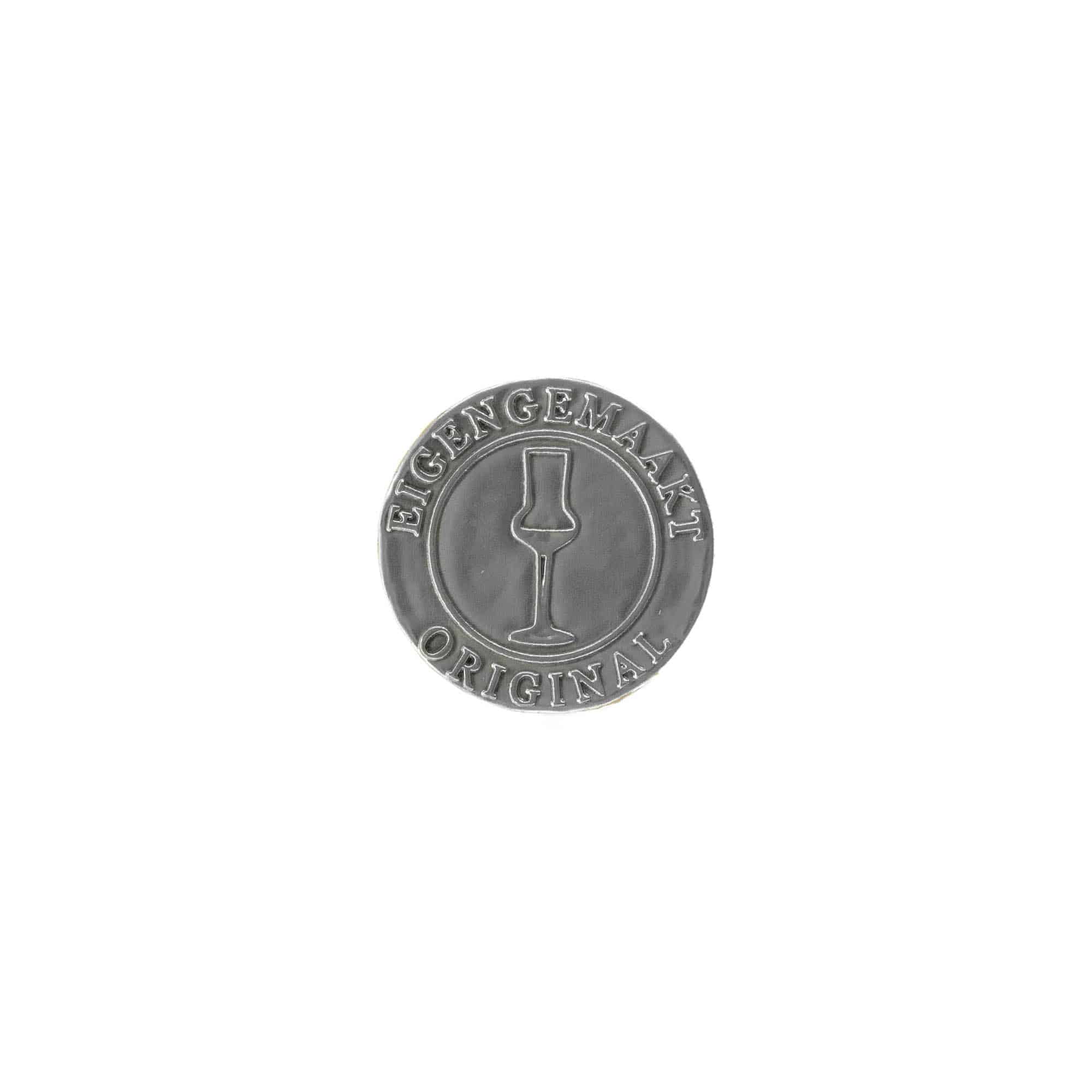Tinlabel »Eigengemaakt«, rund, metal, sølv