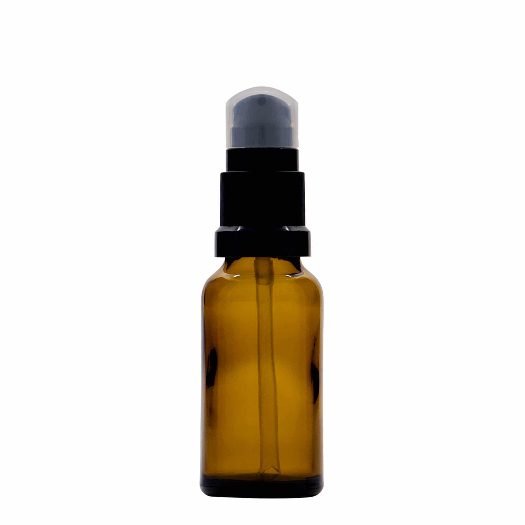 20 ml medicinflaske med lotionpumpe, glas, brun, åbning: DIN 18