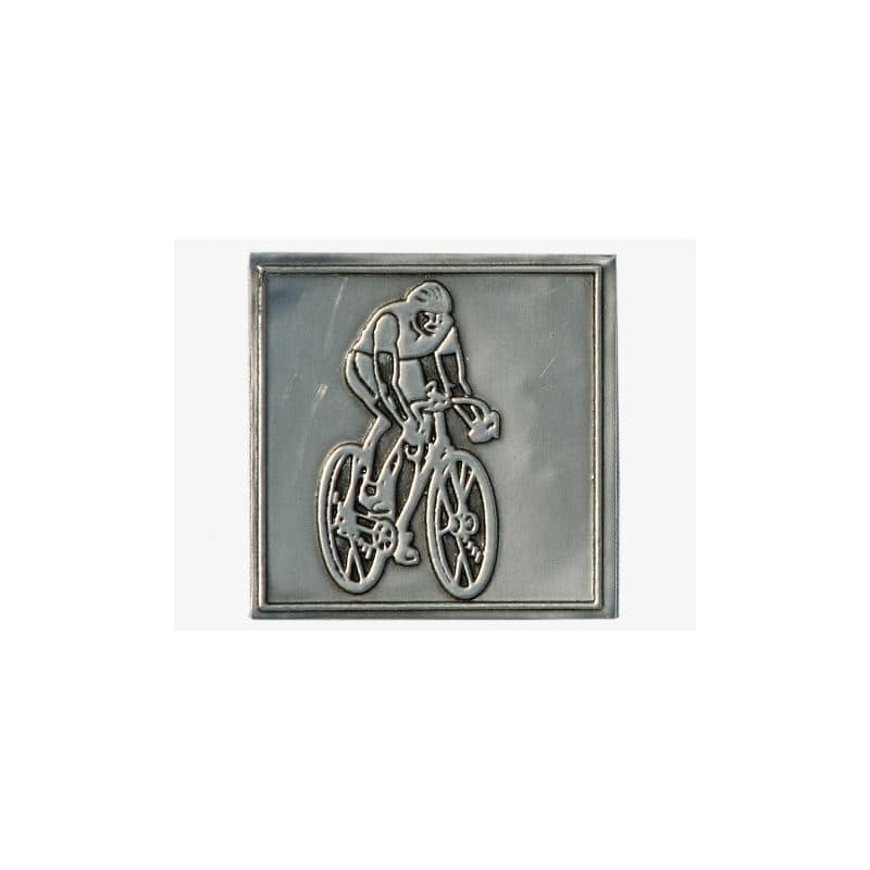 Tinetiket 'cyklist', kvadratisk, metal, sølv
