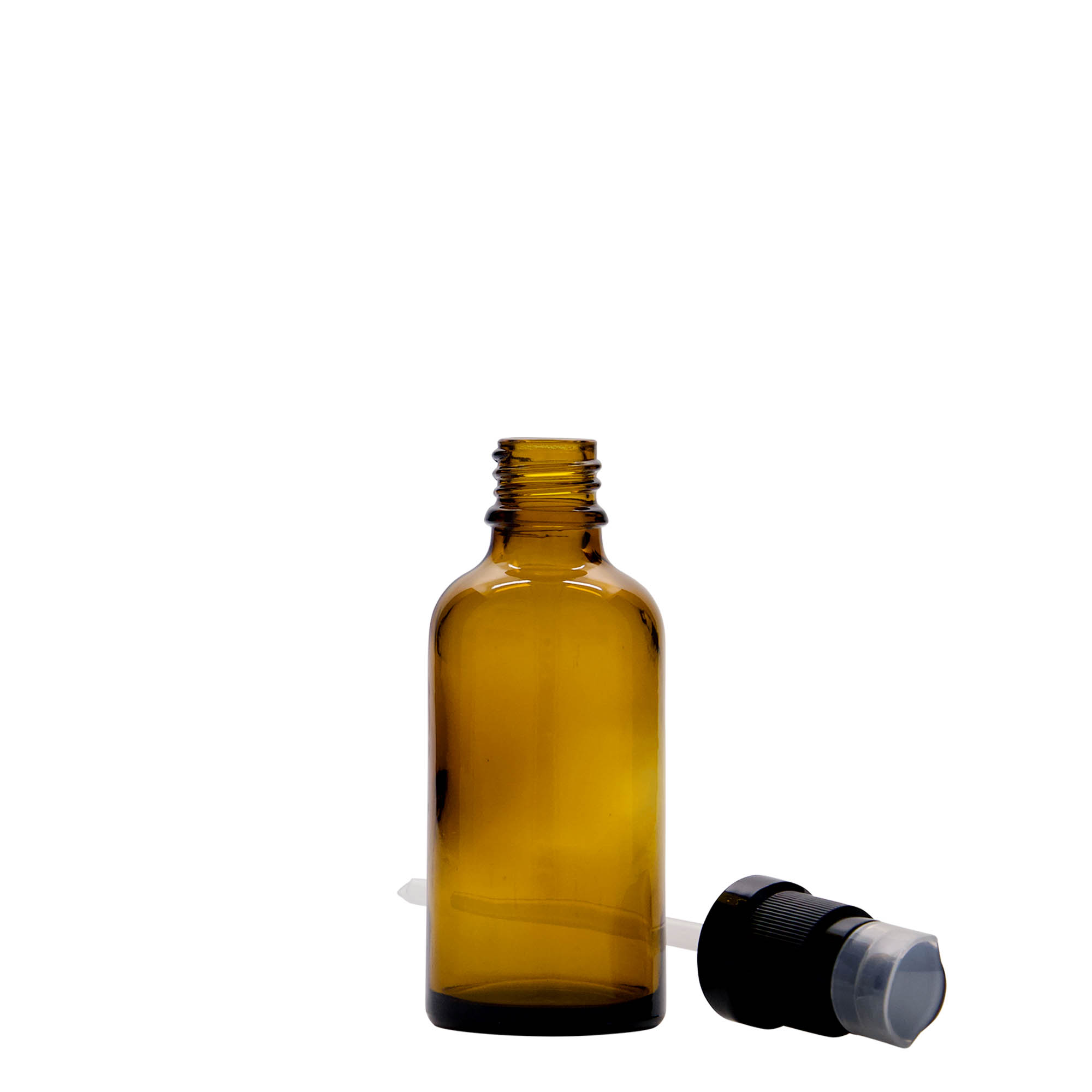 50 ml medicinflaske med lotionpumpe, glas, brun, åbning: DIN 18