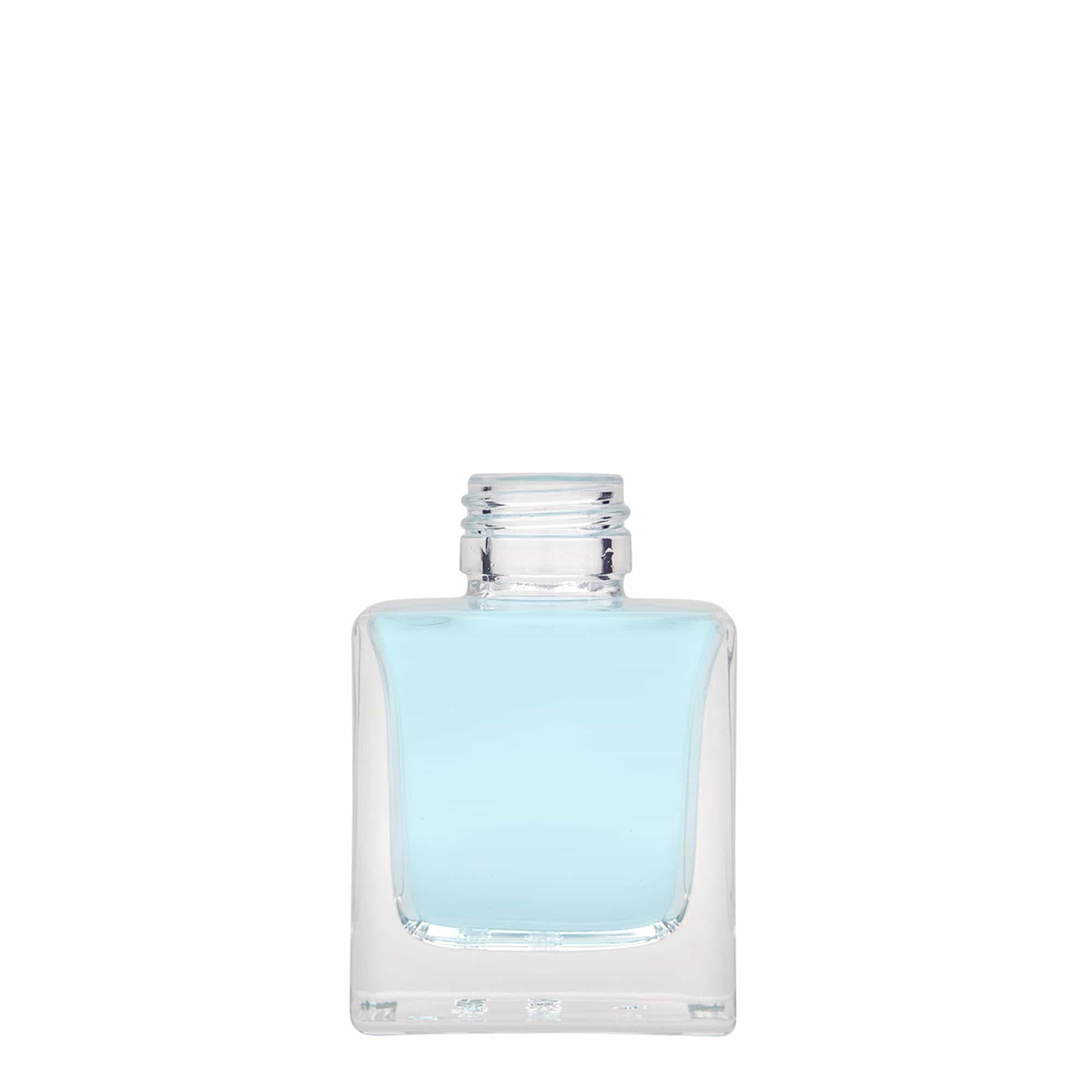 100 ml glasflaske »Cube«, firkantet, munding: PP 28