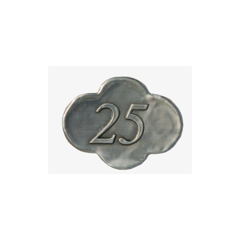 Tinetiket '25', kvadratisk, metal, sølv