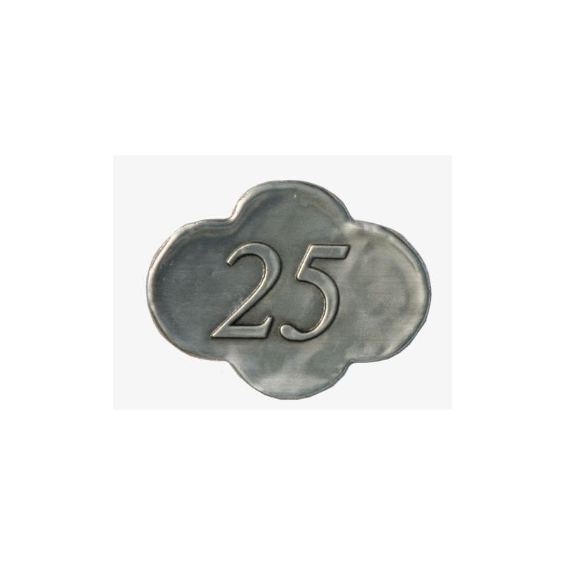 Tinlabel '25', metal, sølv