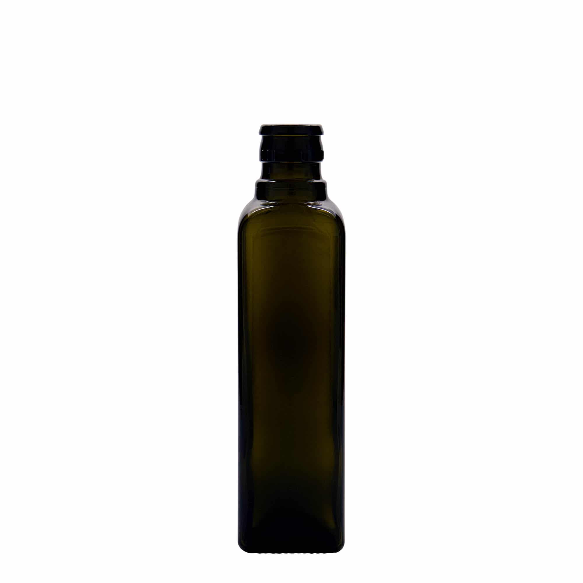 250 ml eddike-/olieflaske 'Quadra', glas, kvadratisk, antikgrøn, åbning: DOP