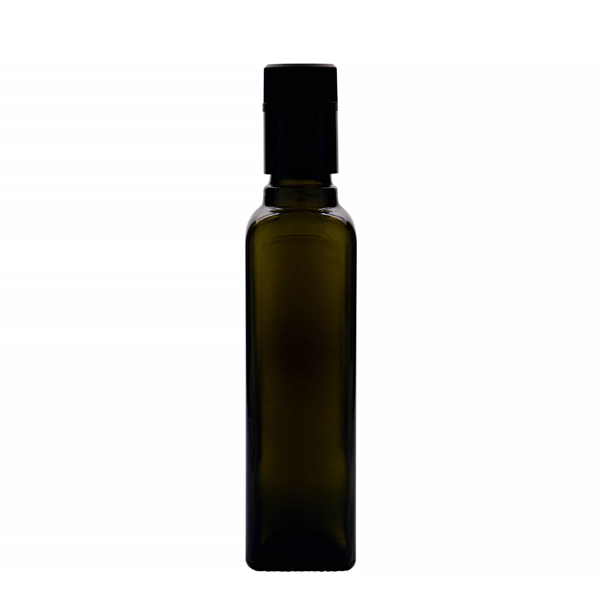 250 ml eddike-/olieflaske »Quadra«, glas, firkantet, antikgrøn, munding: DOP