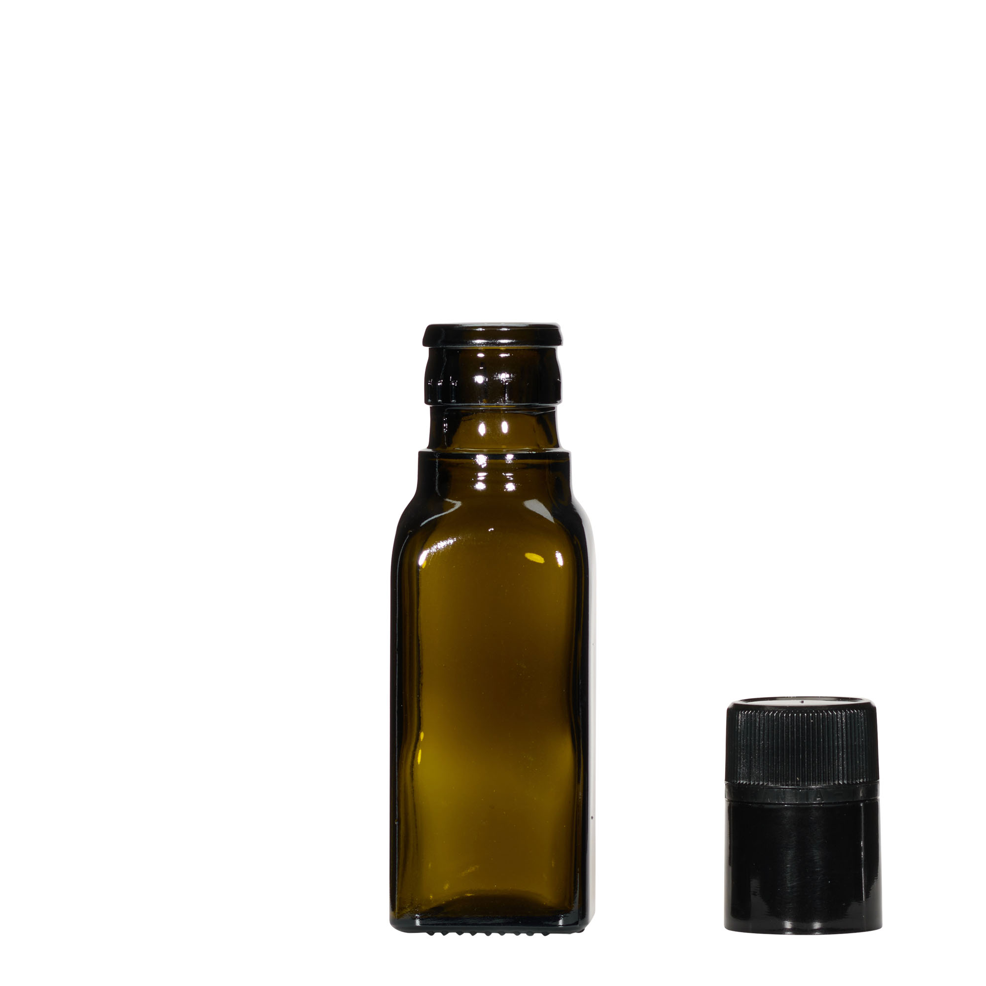 100 ml eddike-/olieflaske »Quadra«, glas, firkantet, antikgrøn, munding: DOP