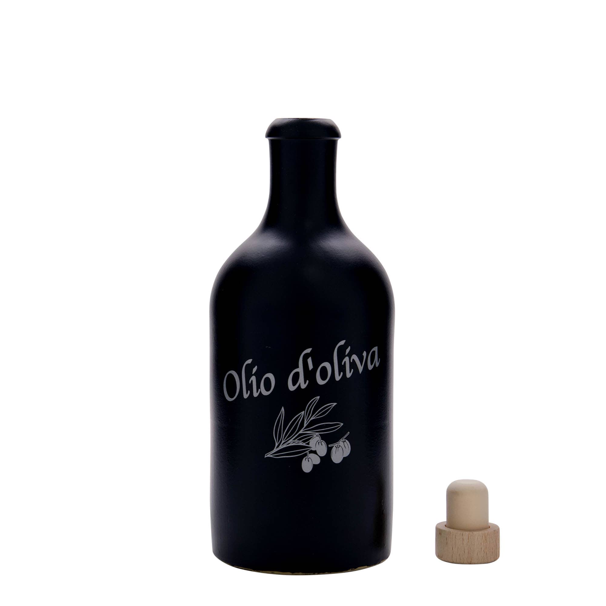 500 ml Tonkrukke, motiv: Olio d'Oliva, stentøj, sort, åbning: kork