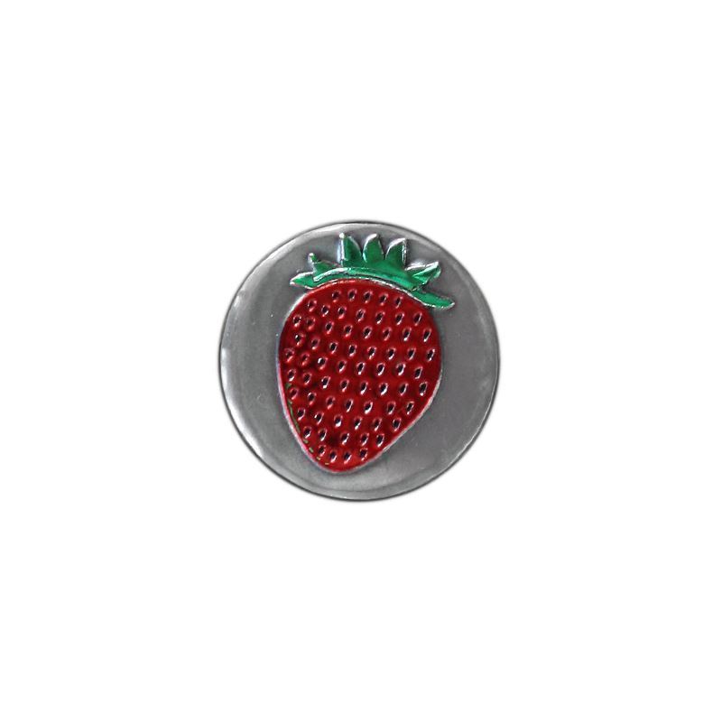 Tinlabel 'Jordbær', rund, metal, sølv Tinlabel 'Jordbær', rund, metal, sølv