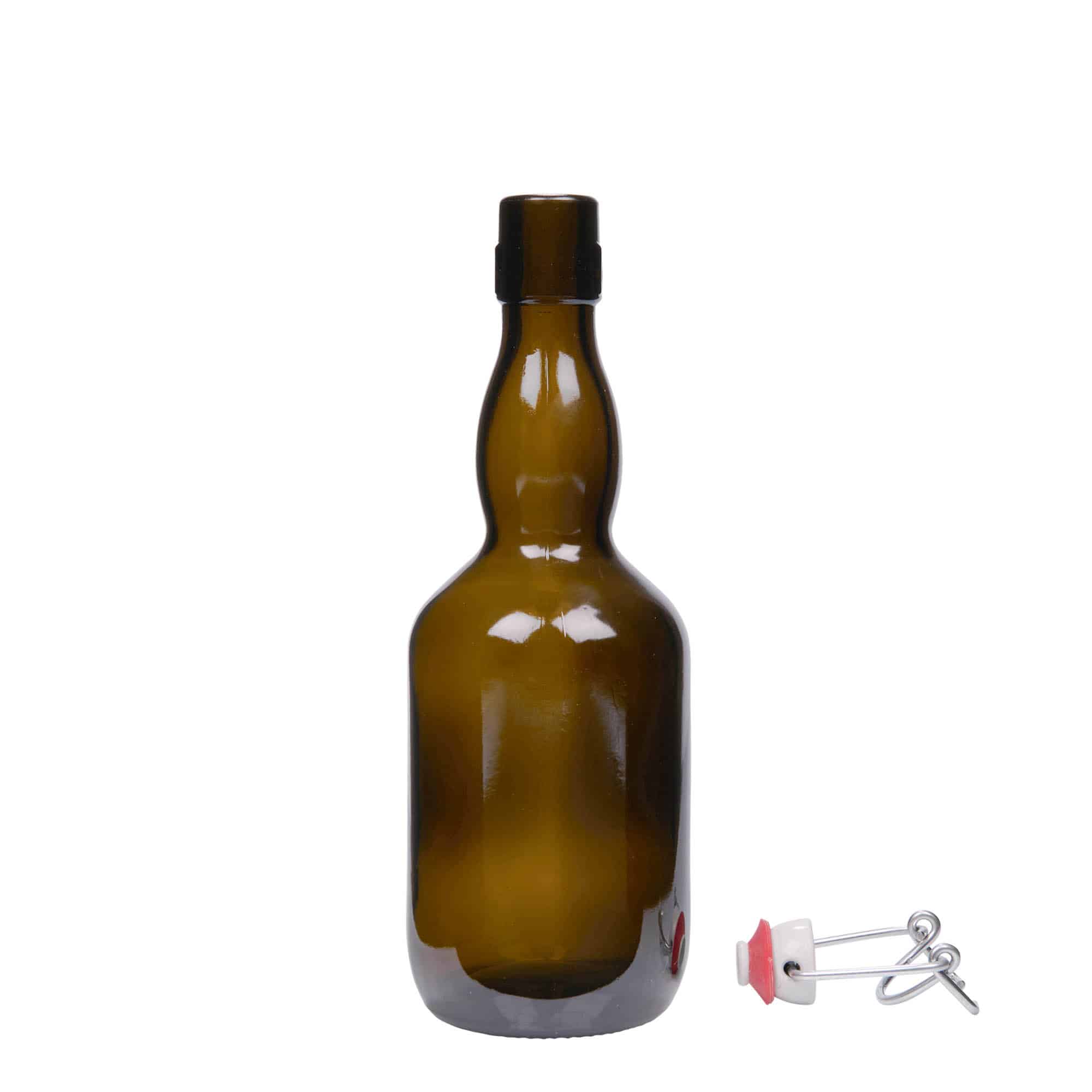 500 ml ølflaske, krum hals, glas, antikgrøn, åbning: Patentlåg
