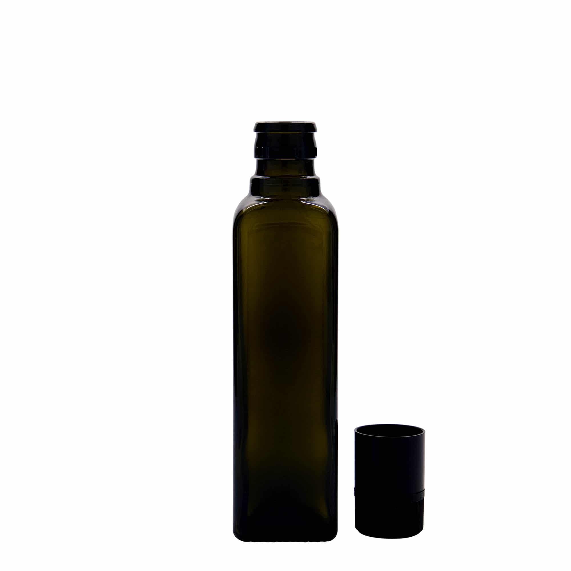 250 ml eddike-/olieflaske 'Quadra', glas, kvadratisk, antikgrøn, åbning: DOP