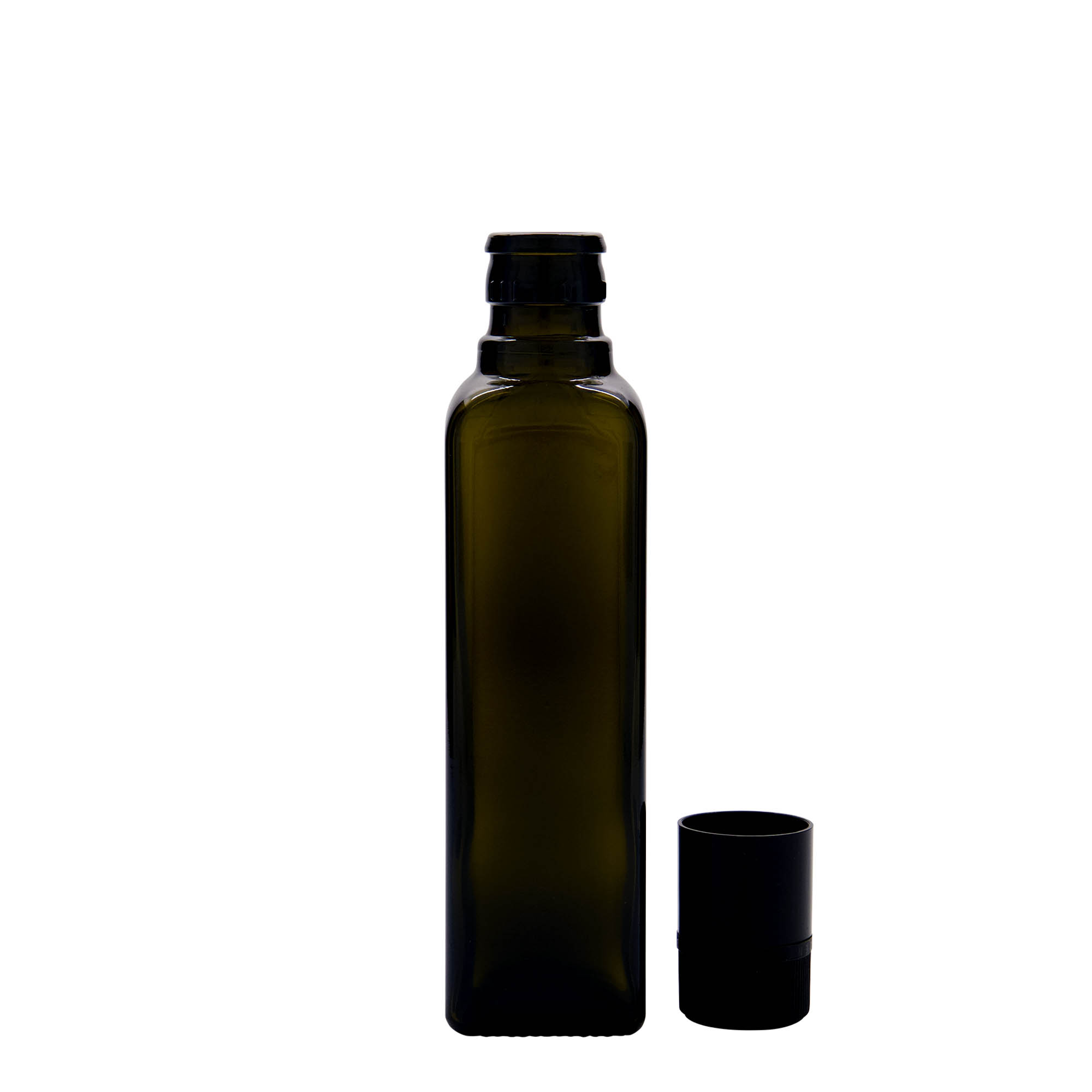 250 ml eddike-/olieflaske 'Quadra', glas, firkantet, antikgrøn, munding: DOP