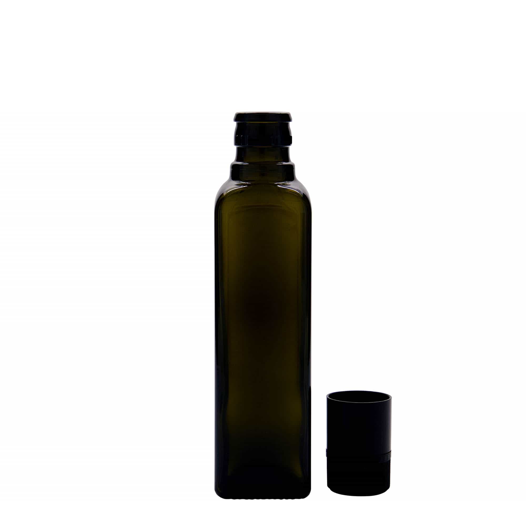 250 ml eddike-/olieflaske »Quadra«, glas, firkantet, antikgrøn, munding: DOP
