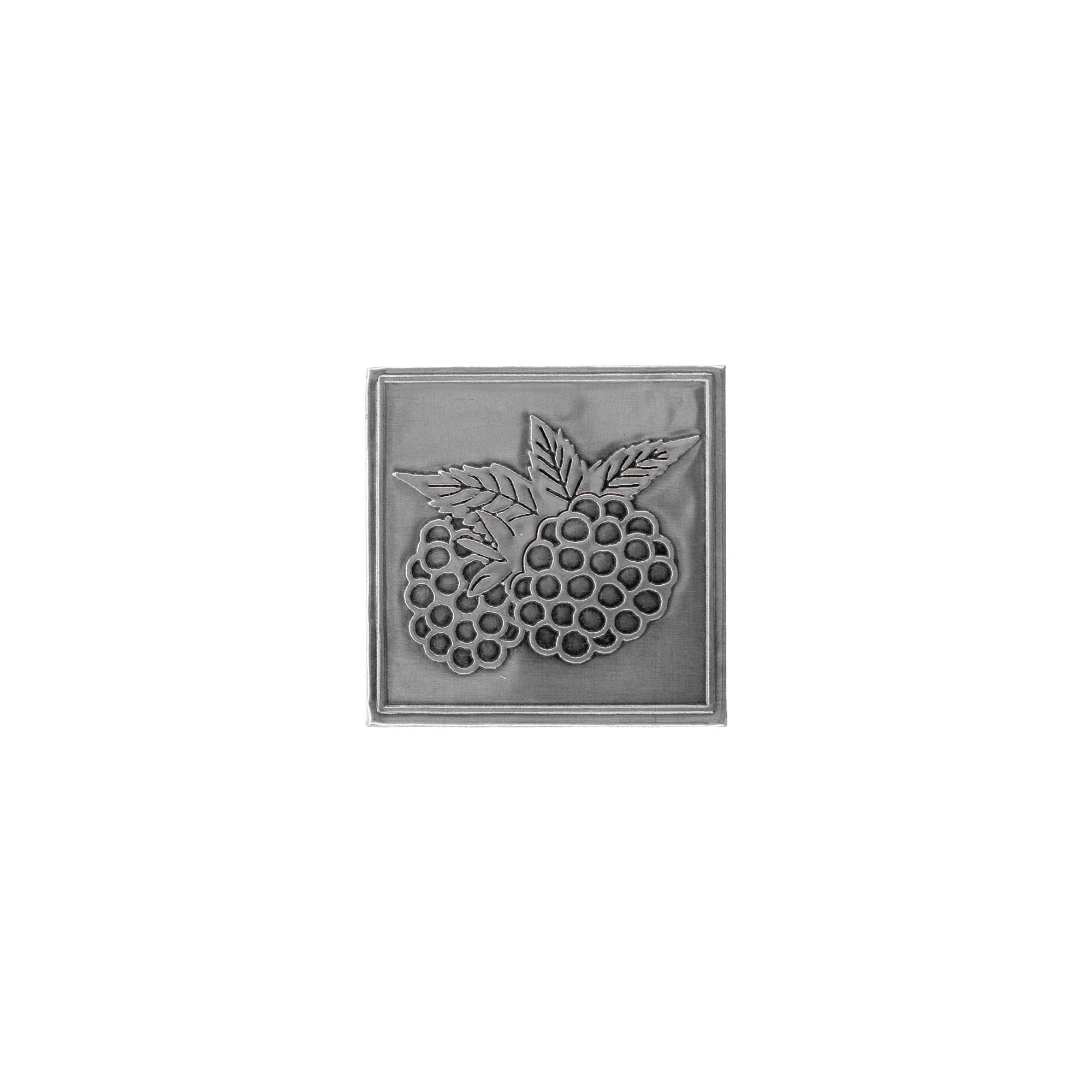 Tinlabel 'Brombær', kvadratisk, metal, sølv