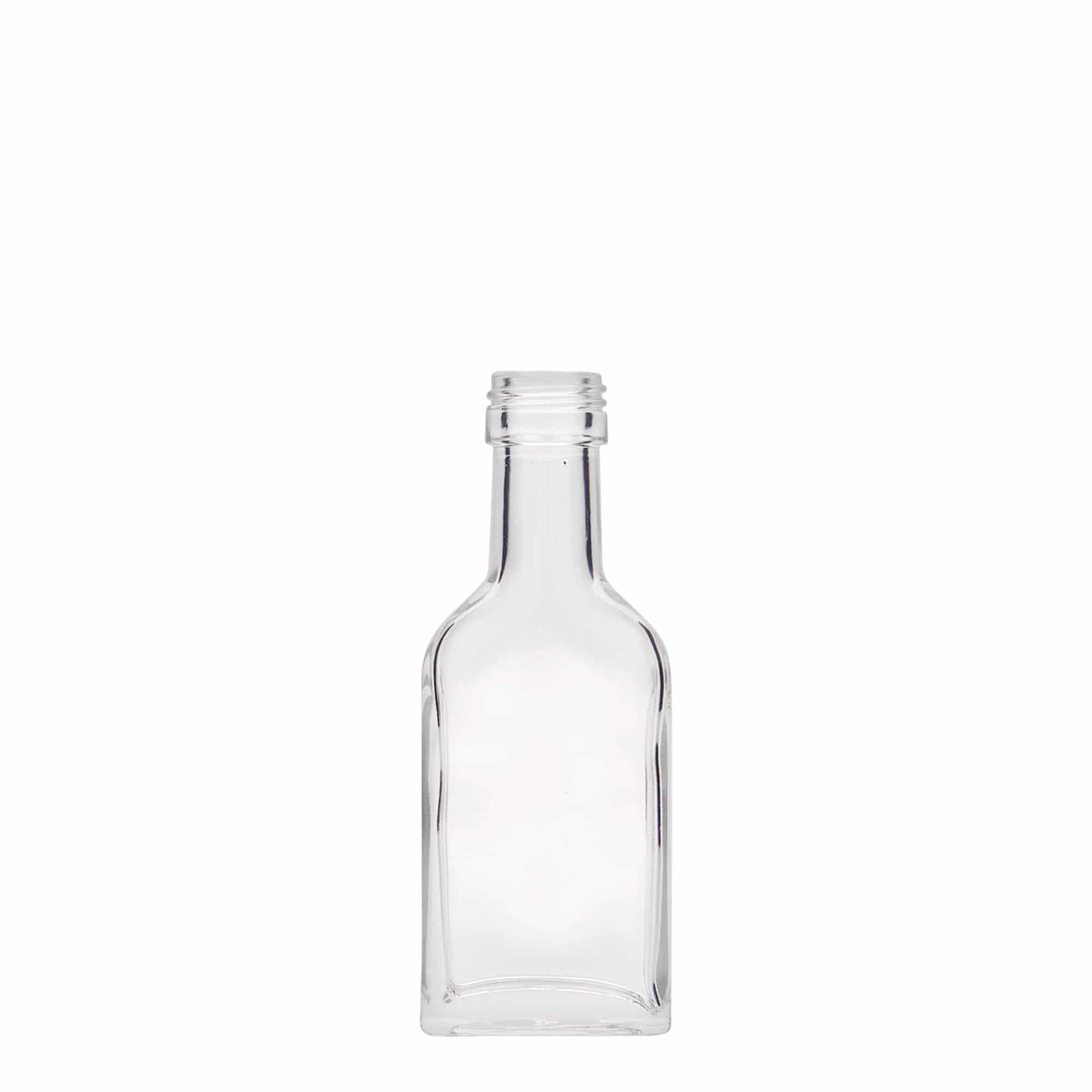 40 ml lommeflaske med lang hals, rektangulær, glas, åbning: PP 22