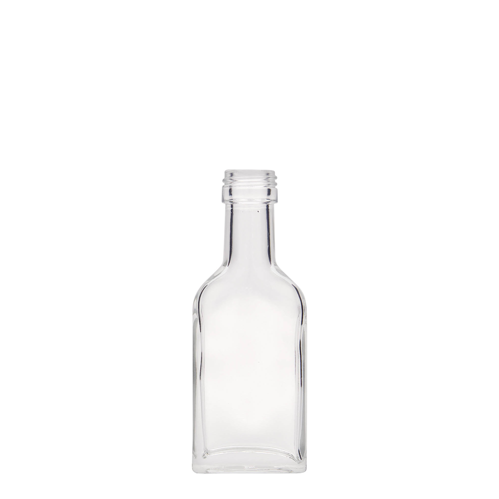 40 ml lommeflaske med lang hals, rektangulær, glas, åbning: PP 22 40 ml lommeflaske med lang hals, rektangulær, glas, åbning: PP 22