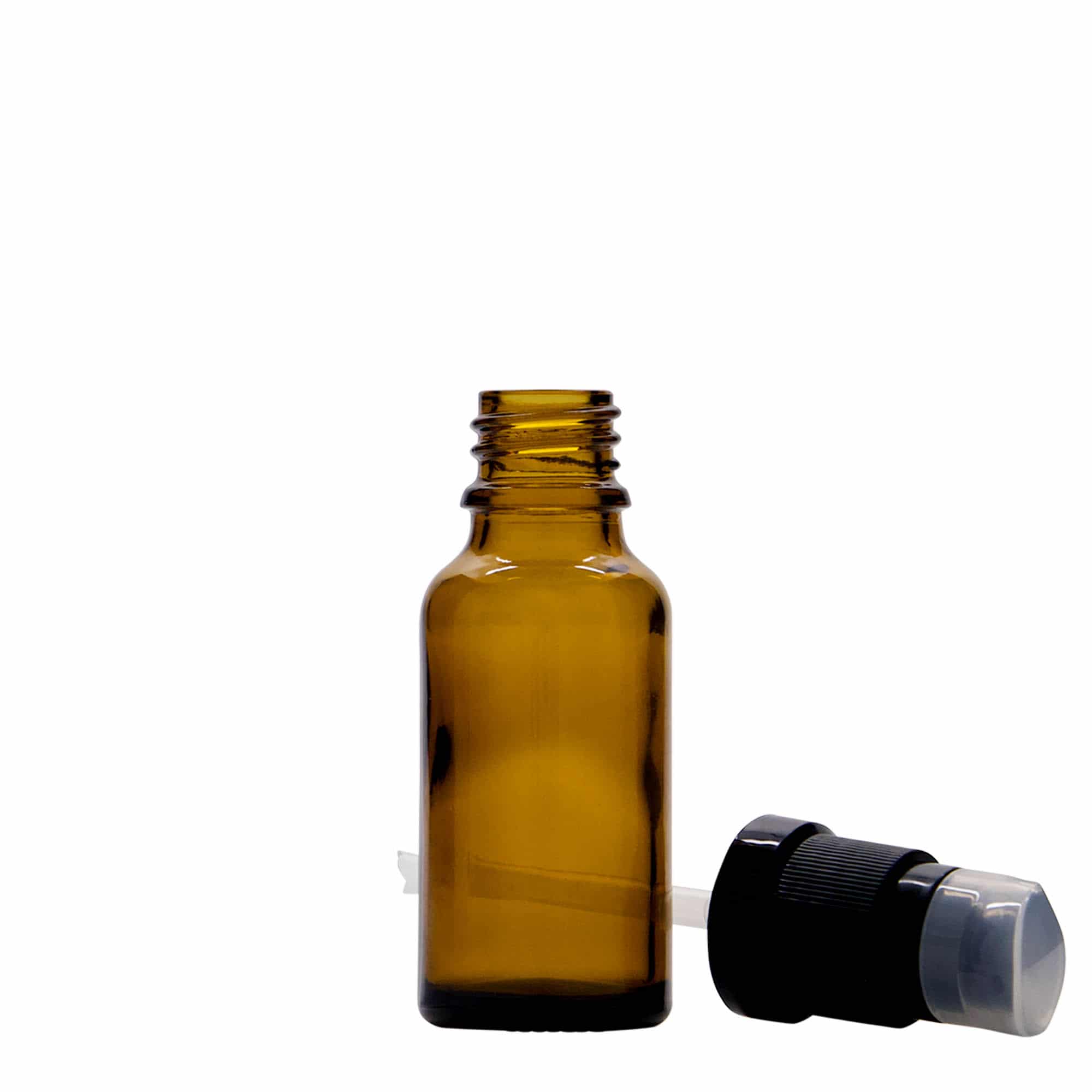 20 ml medicinflaske med lotionpumpe, glas, brun, åbning: DIN 18
