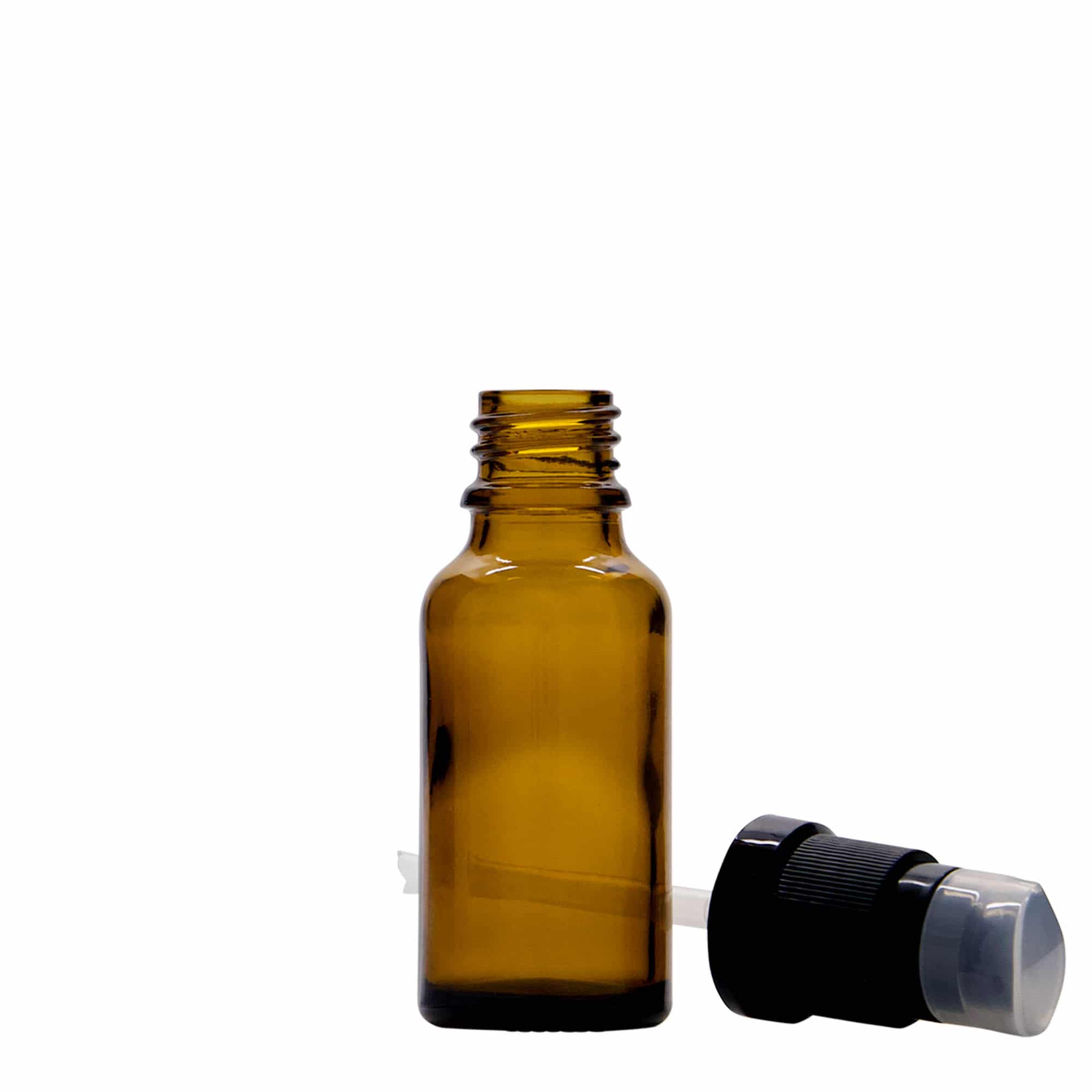 20 ml medicinflaske med lotionpumpe, glas, brun, åbning: DIN 18