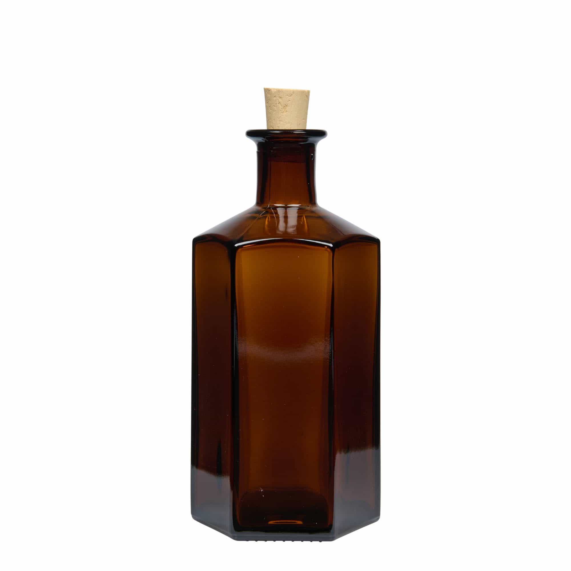 500 ml glasflaske apoteker 'Jimmy'. sekskantet. brun. åbning: Kork