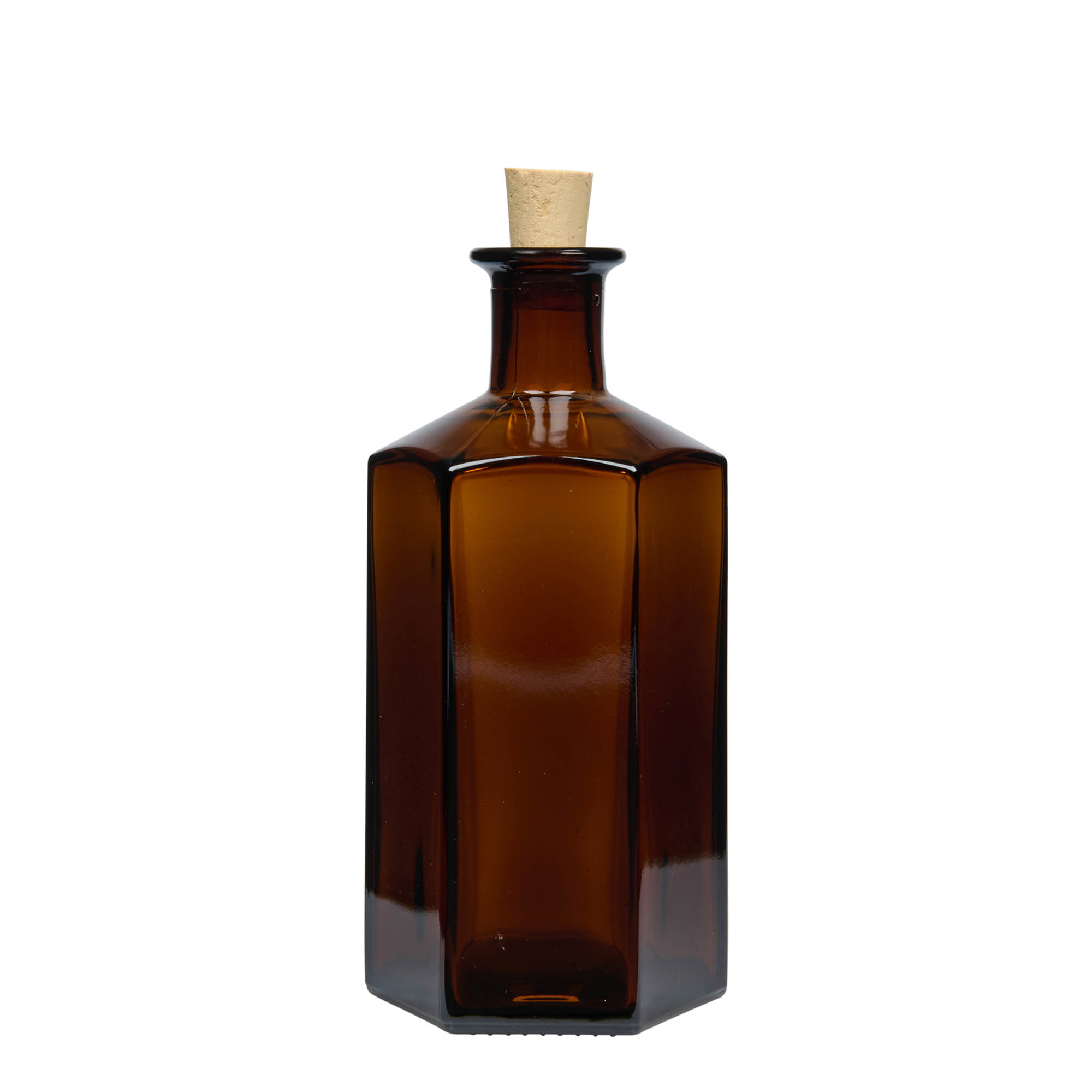 500 ml glasflaske apoteker 'Jimmy', sekskantet, brun, åbning: prop