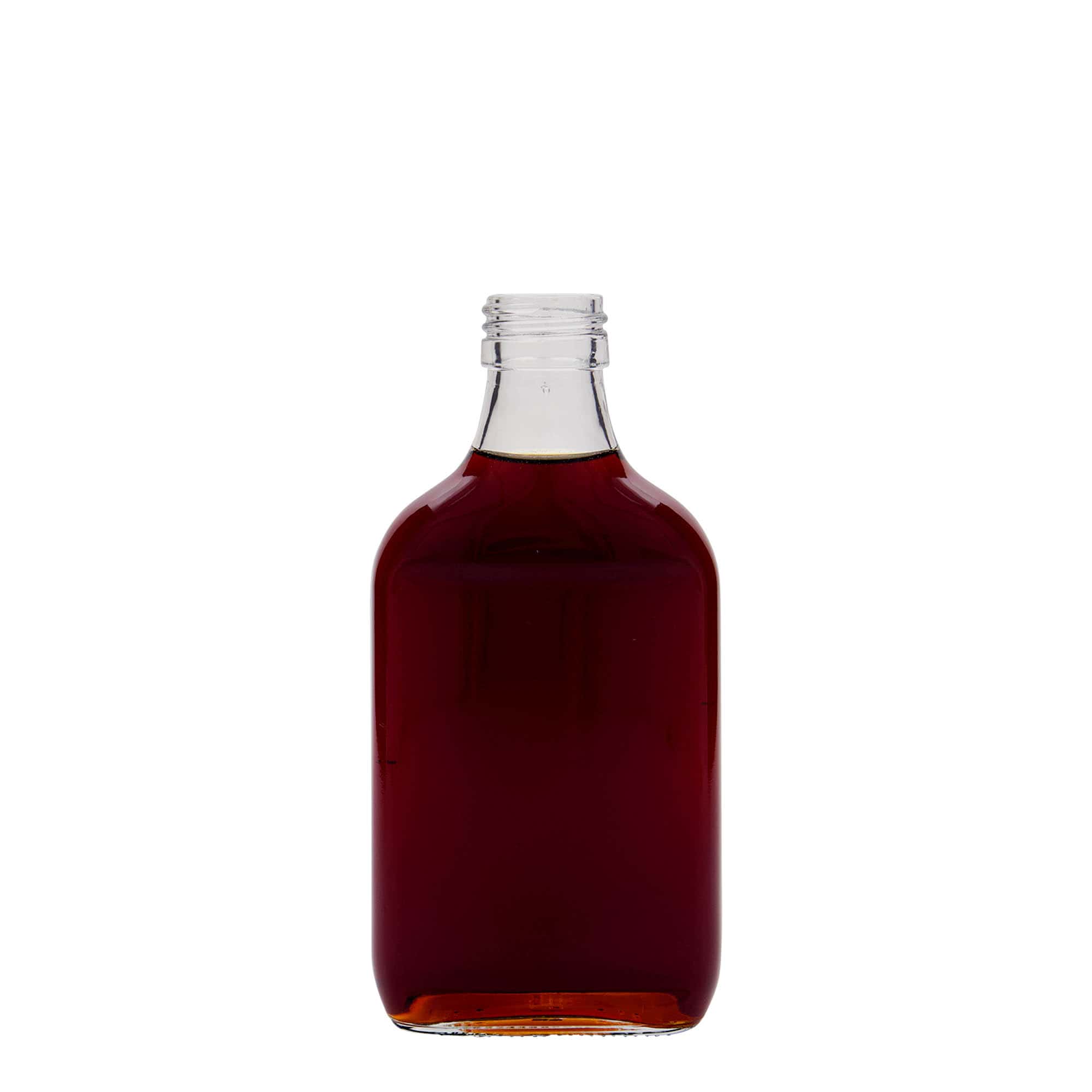 200 ml lommeflaske, rektangulær, glas, åbning: PP 28