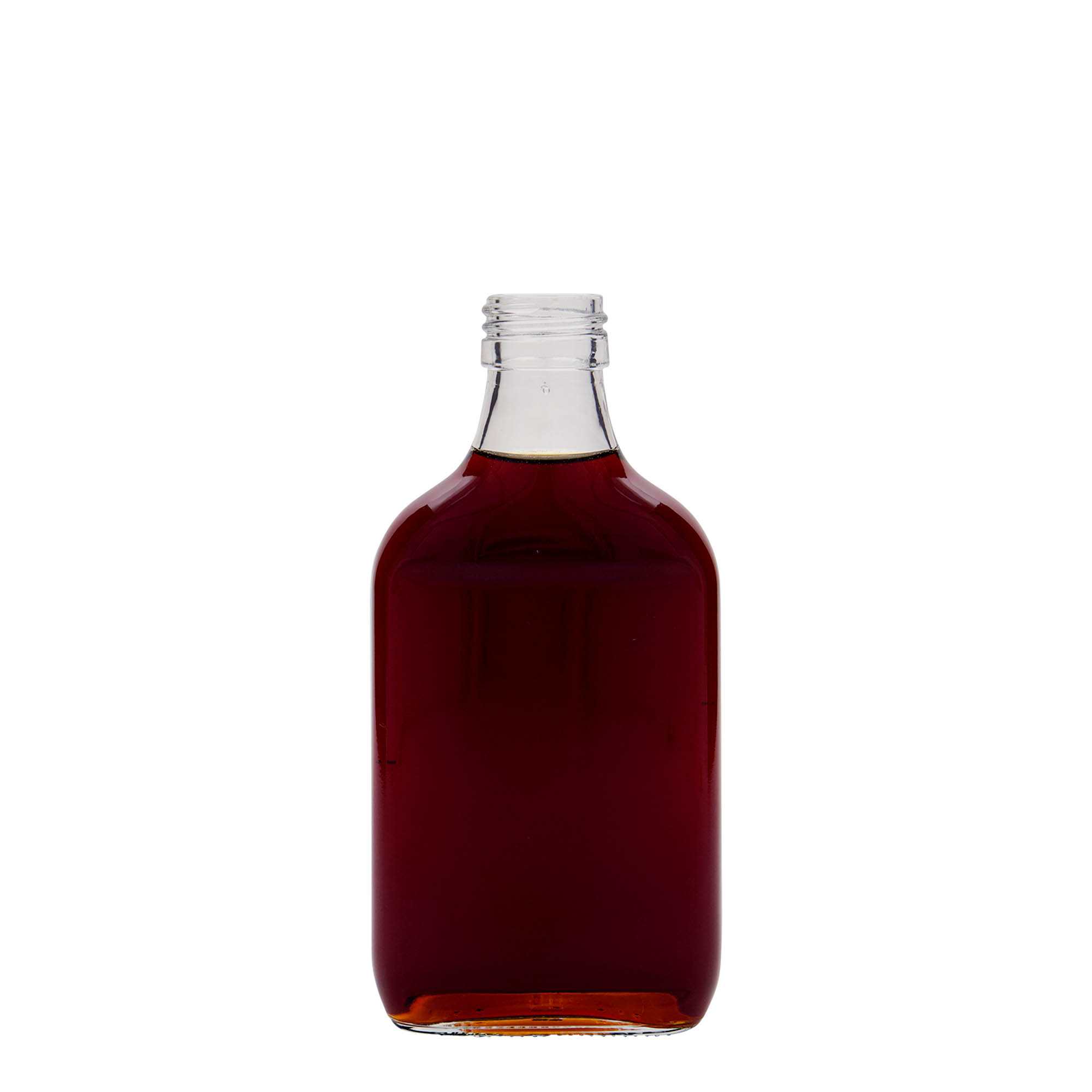 200 ml lommeflaske, rektangulær, glas, åbning: PP 28