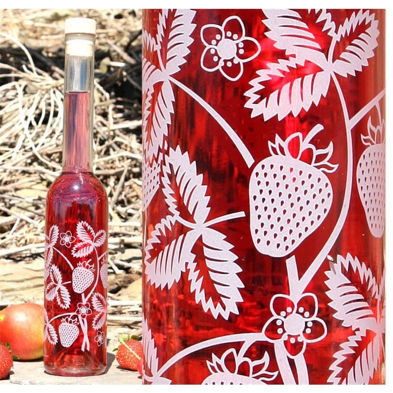 350 ml glasflaske 'Opera', motiv: Jordbær, åbning: Kork