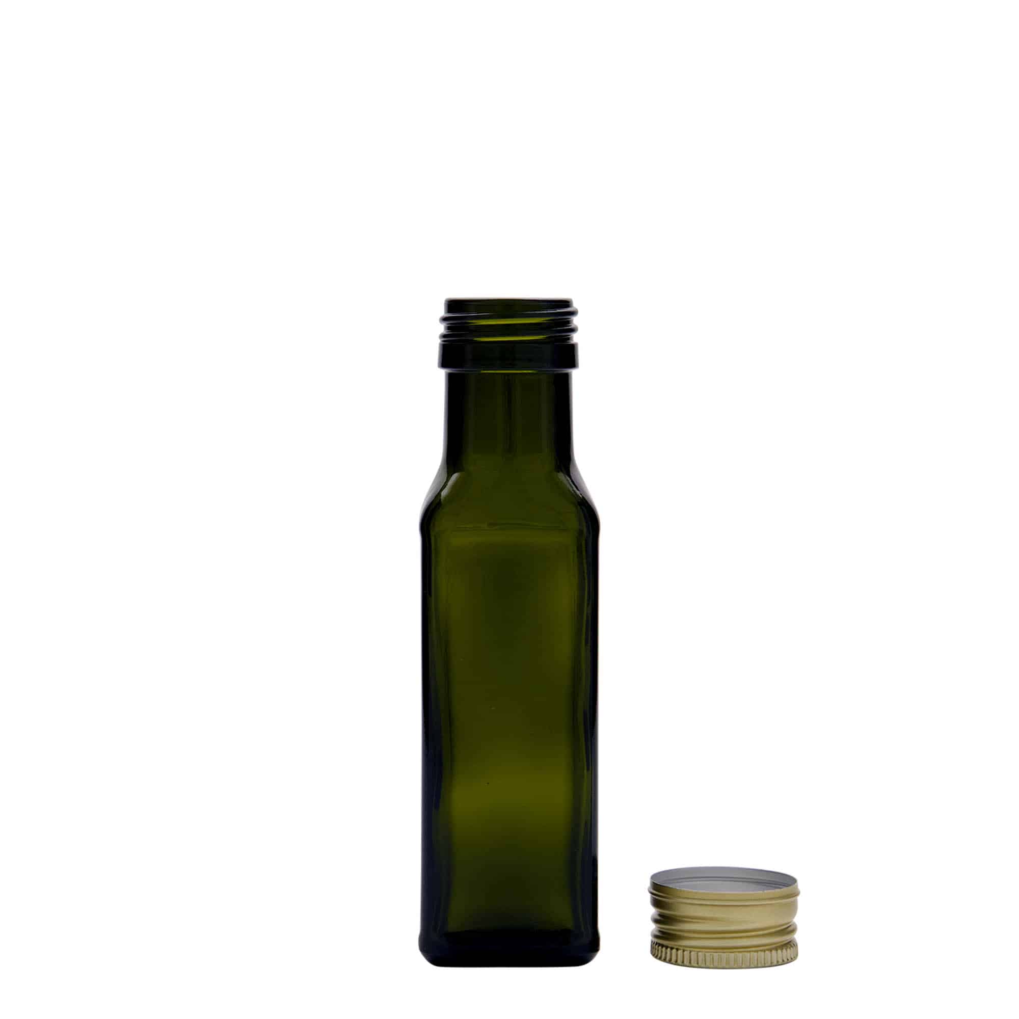 100 ml glasflaske 'Marasca', kvadratisk, antikgrøn, åbning: PP 31,5 100 ml glasflaske 'Marasca', kvadratisk, antikgrøn, åbning: PP 31,5