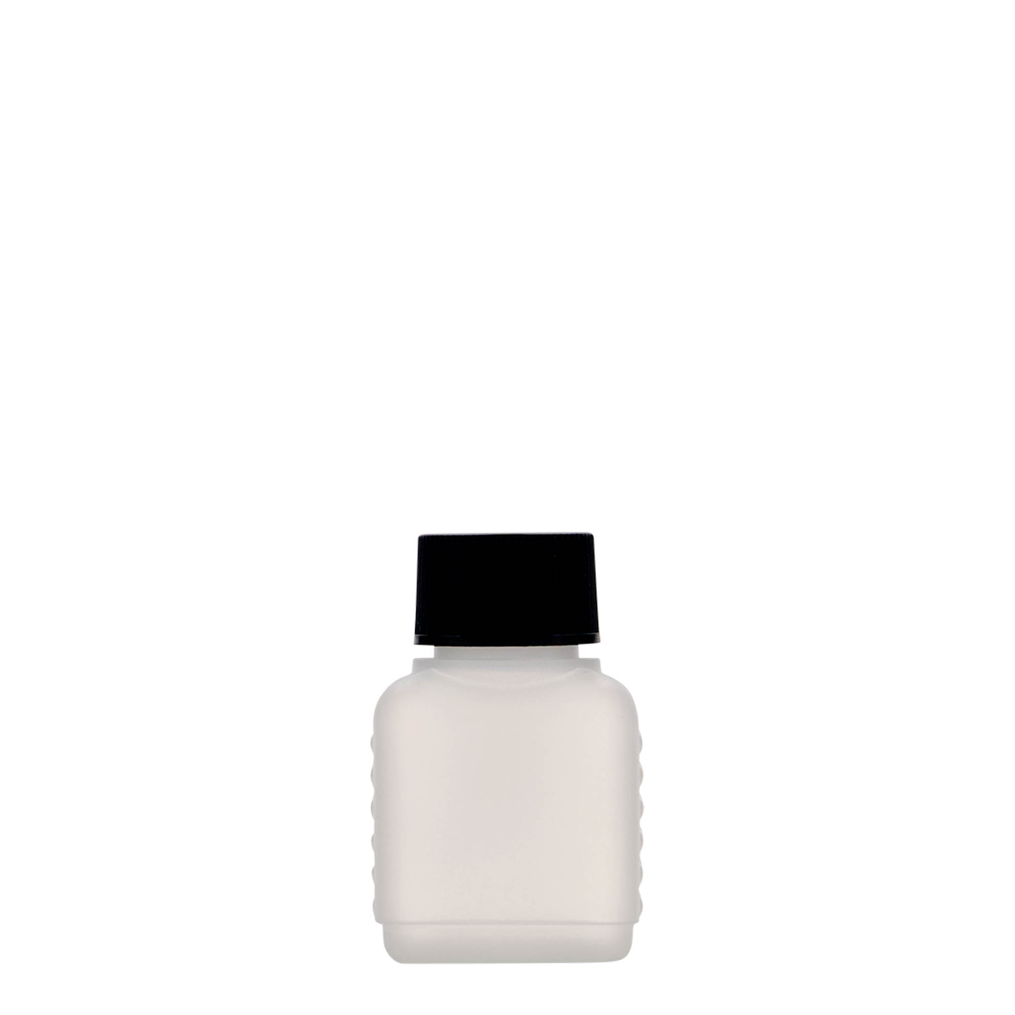 50 ml dunkflaske, rektangulær, HDPE-plast, natur, åbning: DIN 25