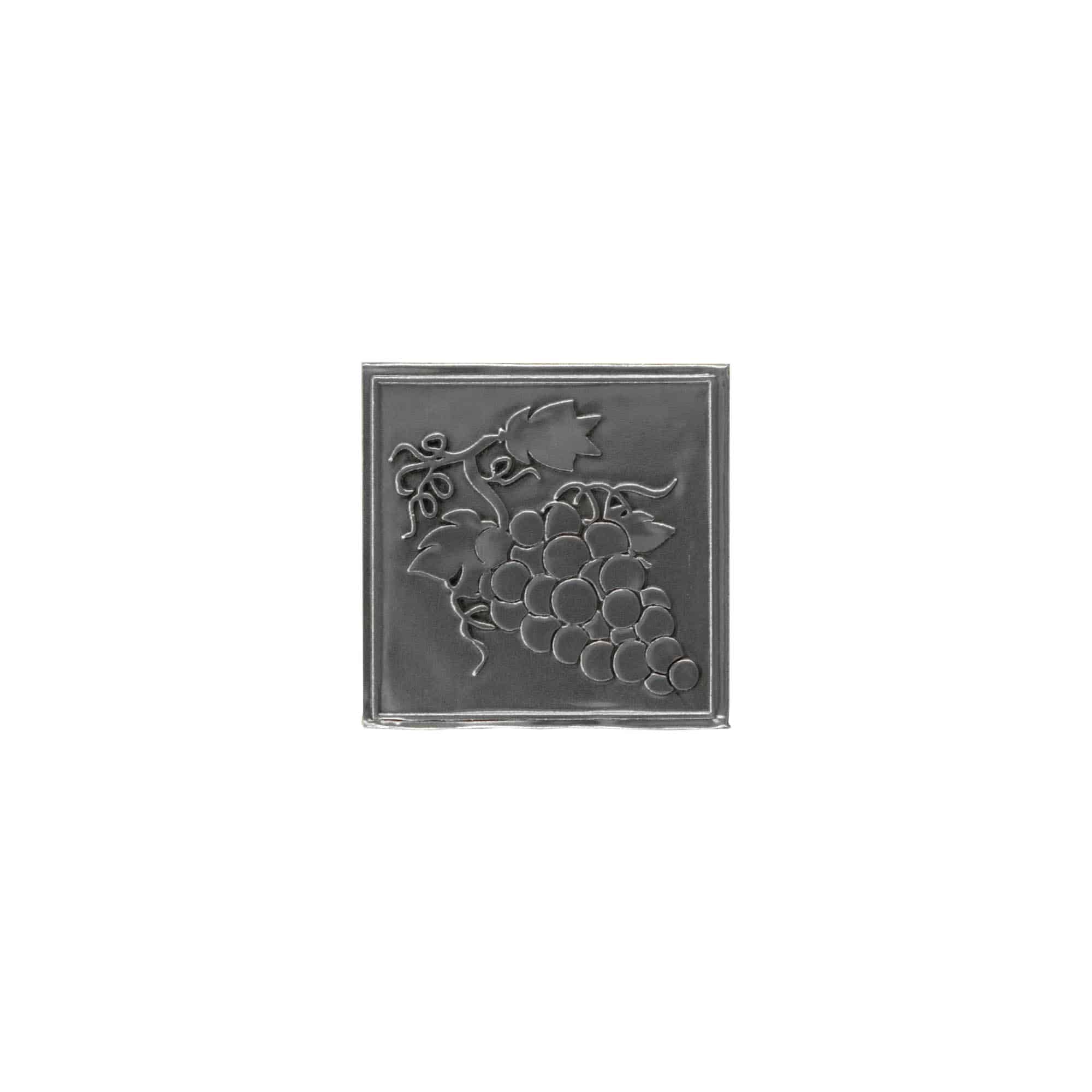 Tinlabel 'Druer', kvadratisk, metal, sølv