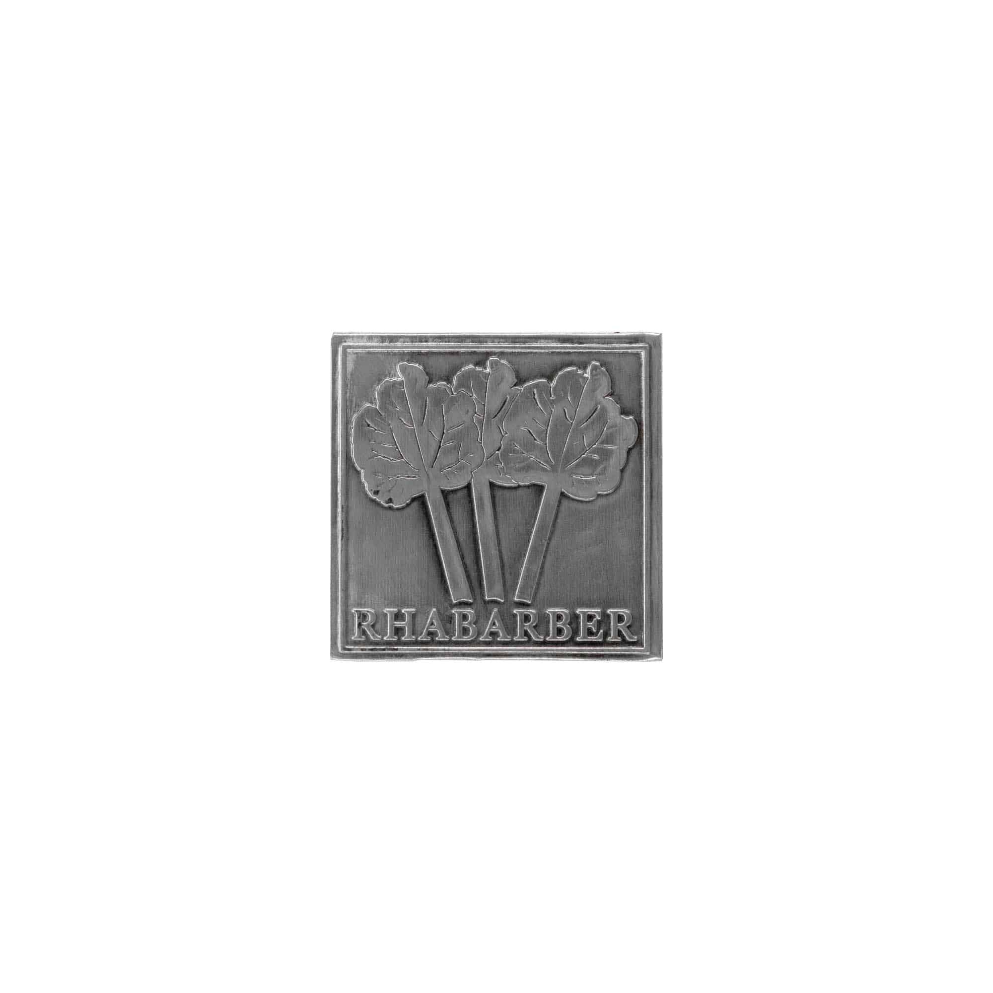 Tinetiket 'Rabarber', kvadratisk, metal, sølv Tinetiket 'Rabarber', kvadratisk, metal, sølv