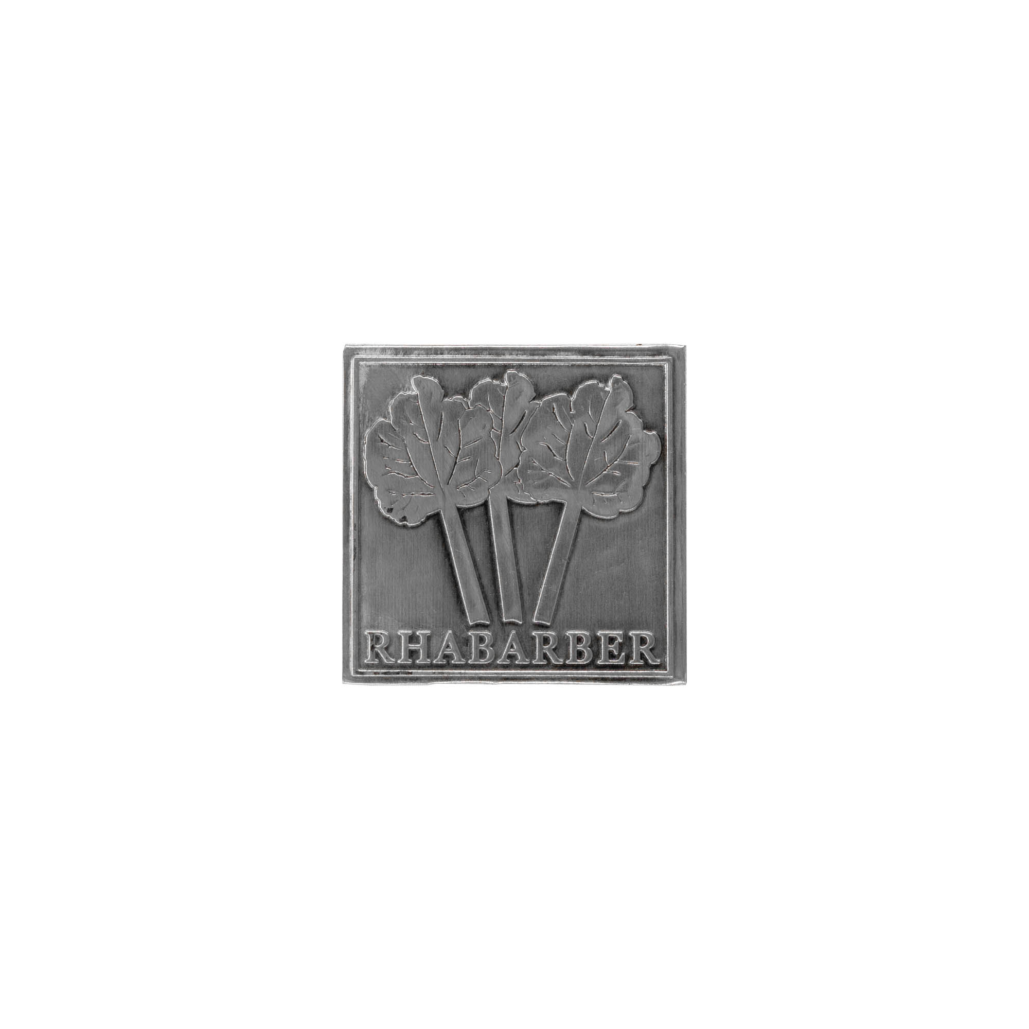 Tinlabel 'Rabarber', firkantet, metal, sølv
