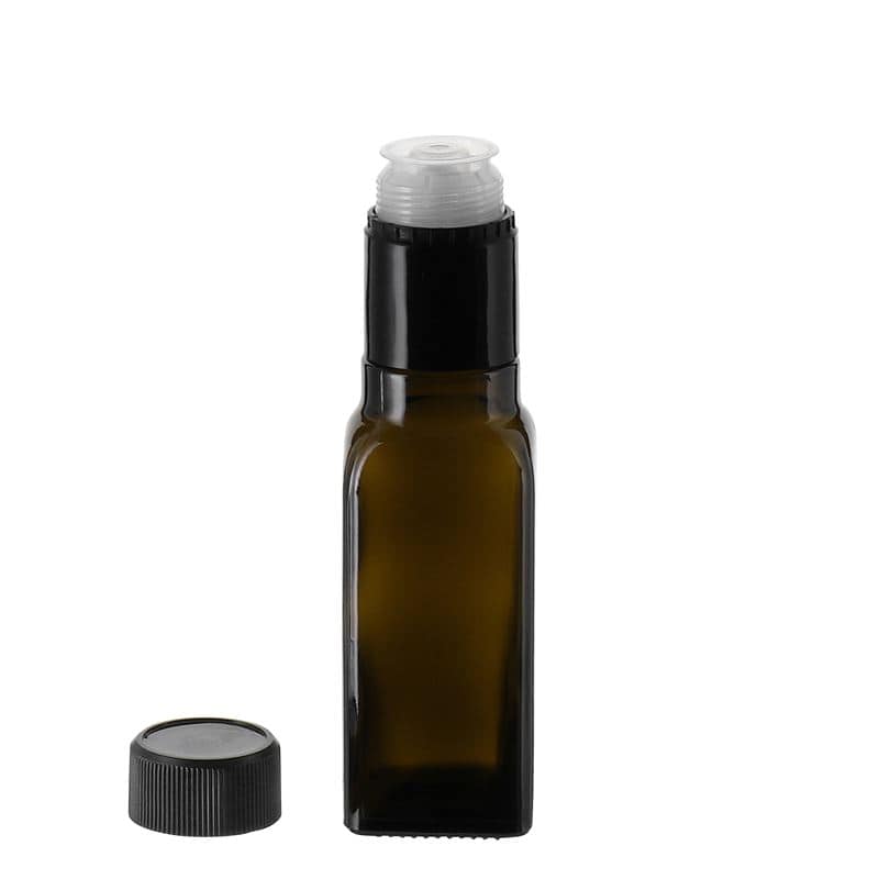 100 ml eddike-/olieflaske 'Quadra', glas, kvadratisk, antikgrøn, åbning: DOP